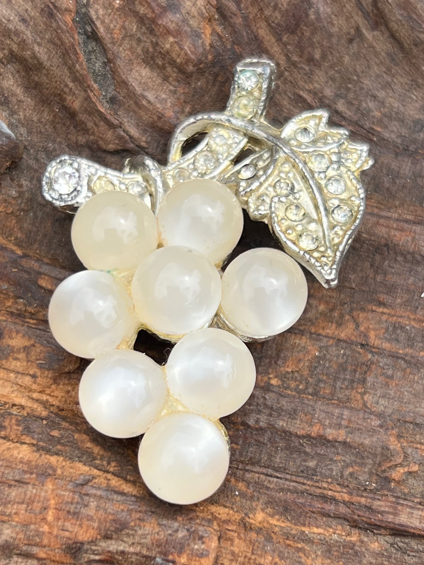 Vintage Soft White Lucite & Rhinestone Pin