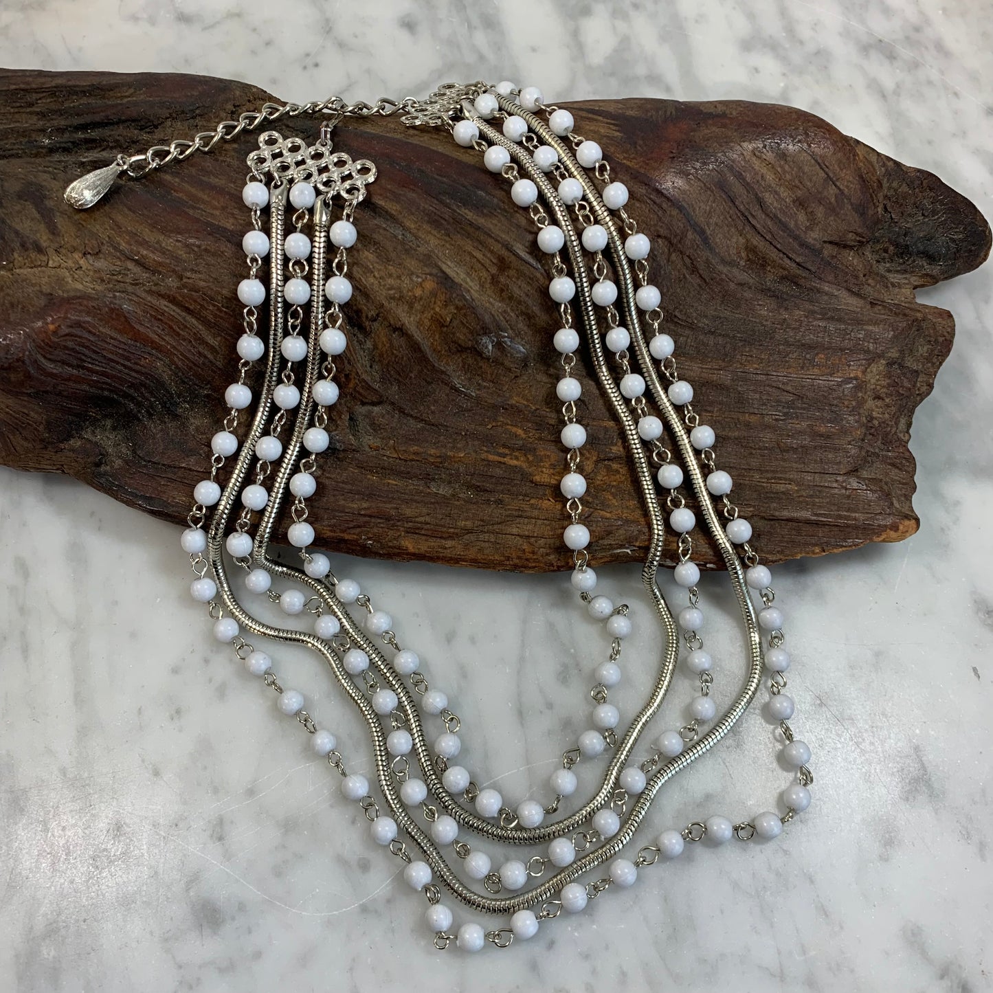 Vintage Layered Multi Strand White Bead & Silver Tone Snake Chain Necklace.