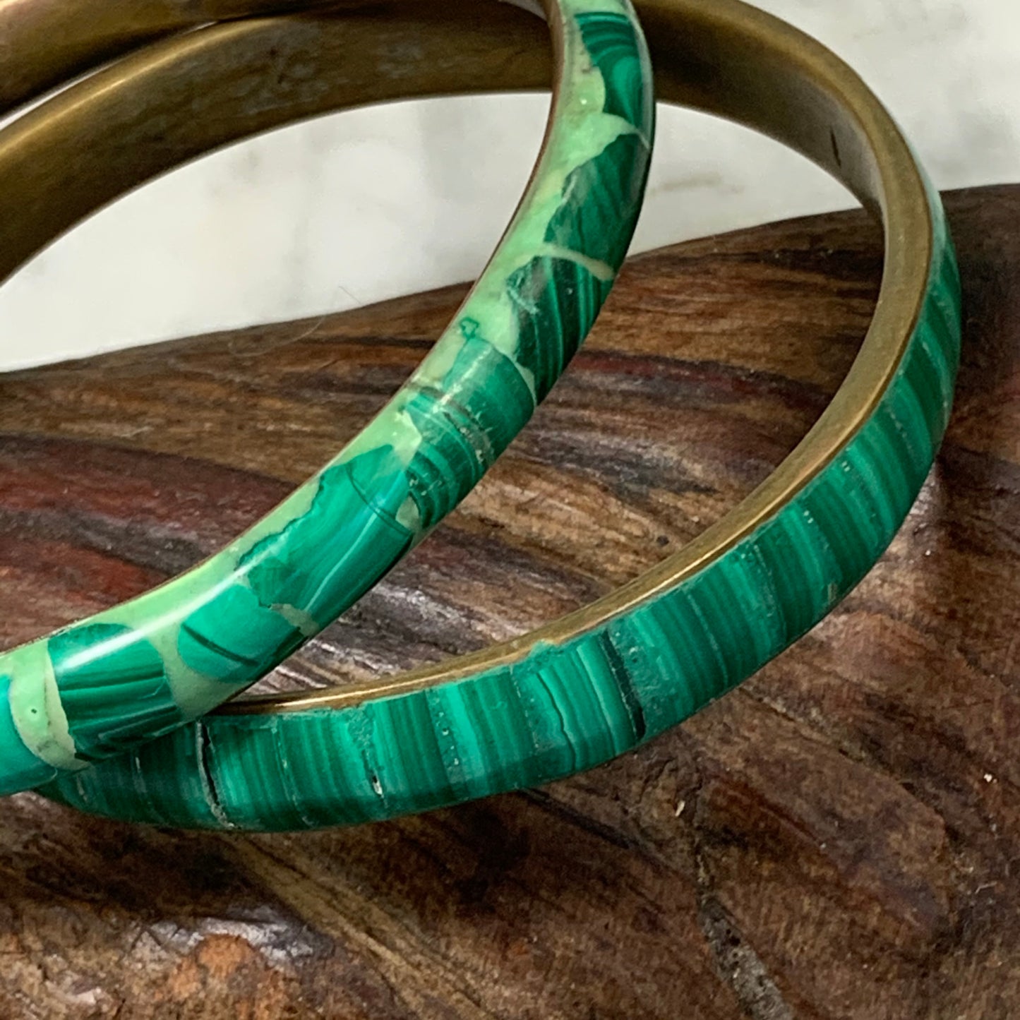 Two Vintage Malachite and Enamel Bangle Bracelets