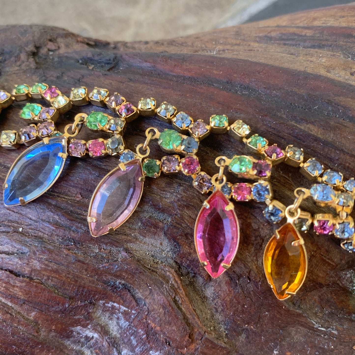 Vintage Pastel Rhinestone & Bezel Navette Dangle Bracelet