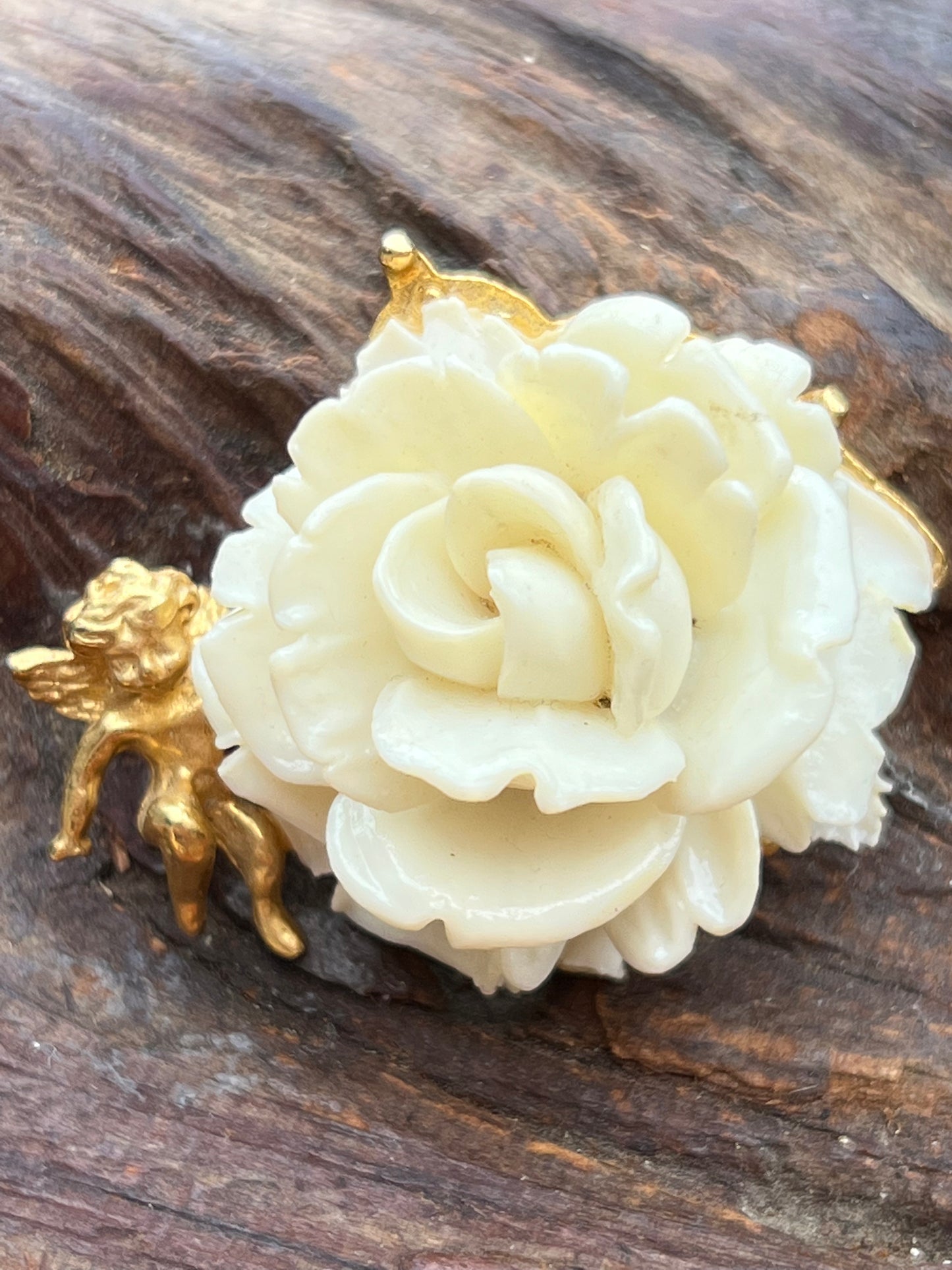 Vintage Winged Cherub & White Rose Pin