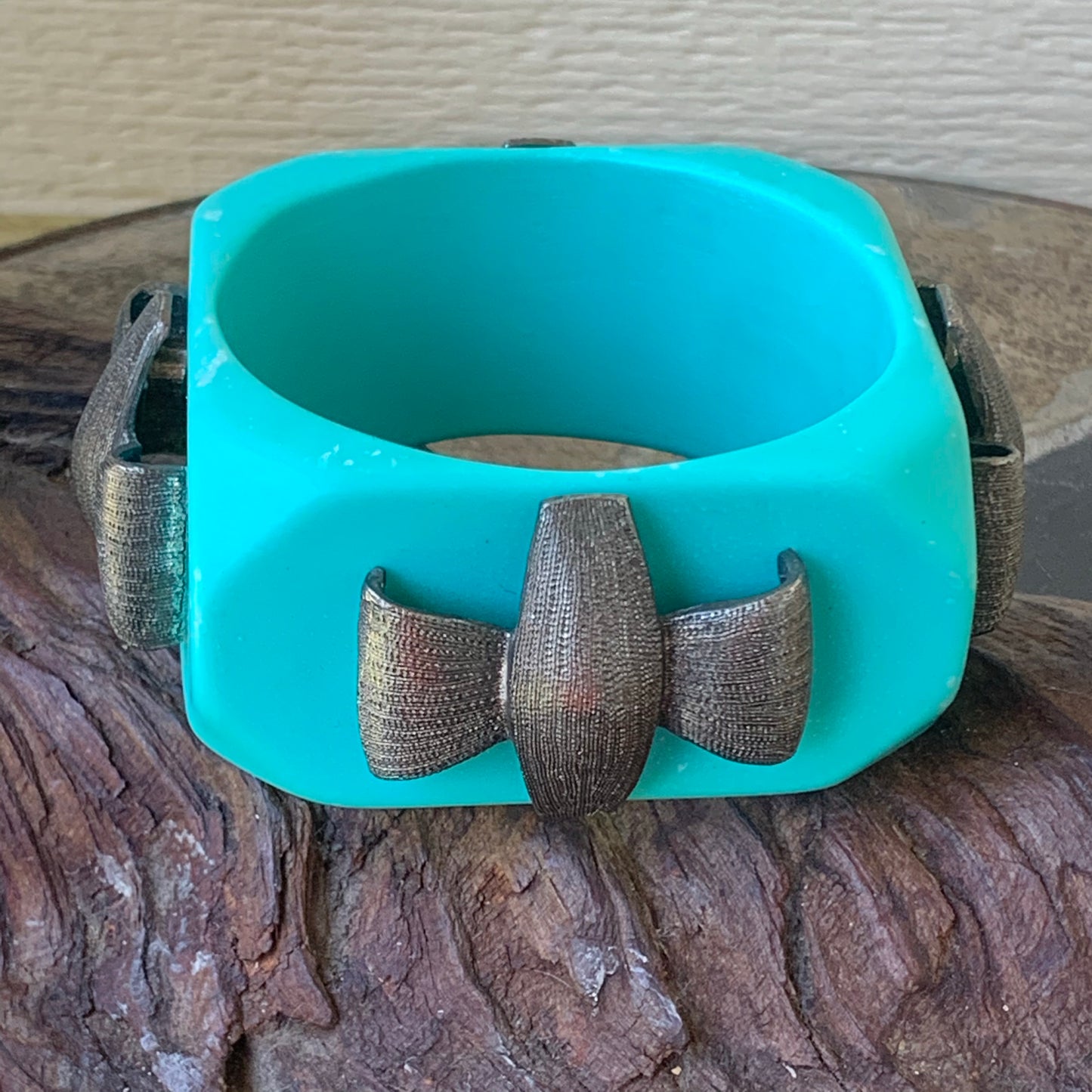 Vintage Chunky Turquoise Plastic & Metallic Bangle Bracelet