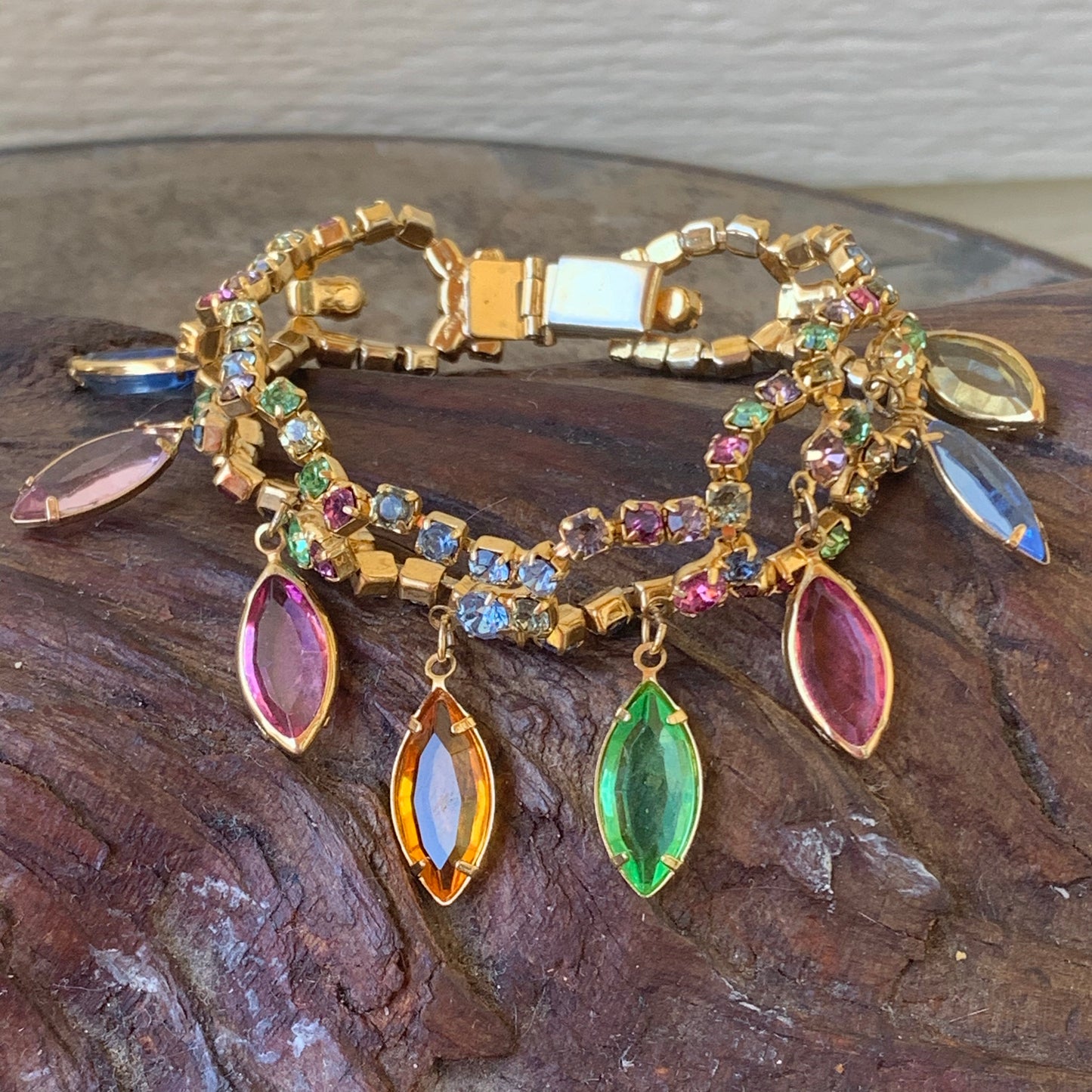 Vintage Pastel Rhinestone & Bezel Navette Dangle Bracelet