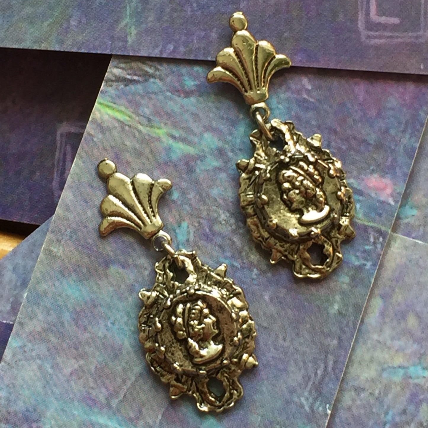 Vintage Silver Tone Cameo Pierced Earrings 14K Gold Posts - Lady Slippers