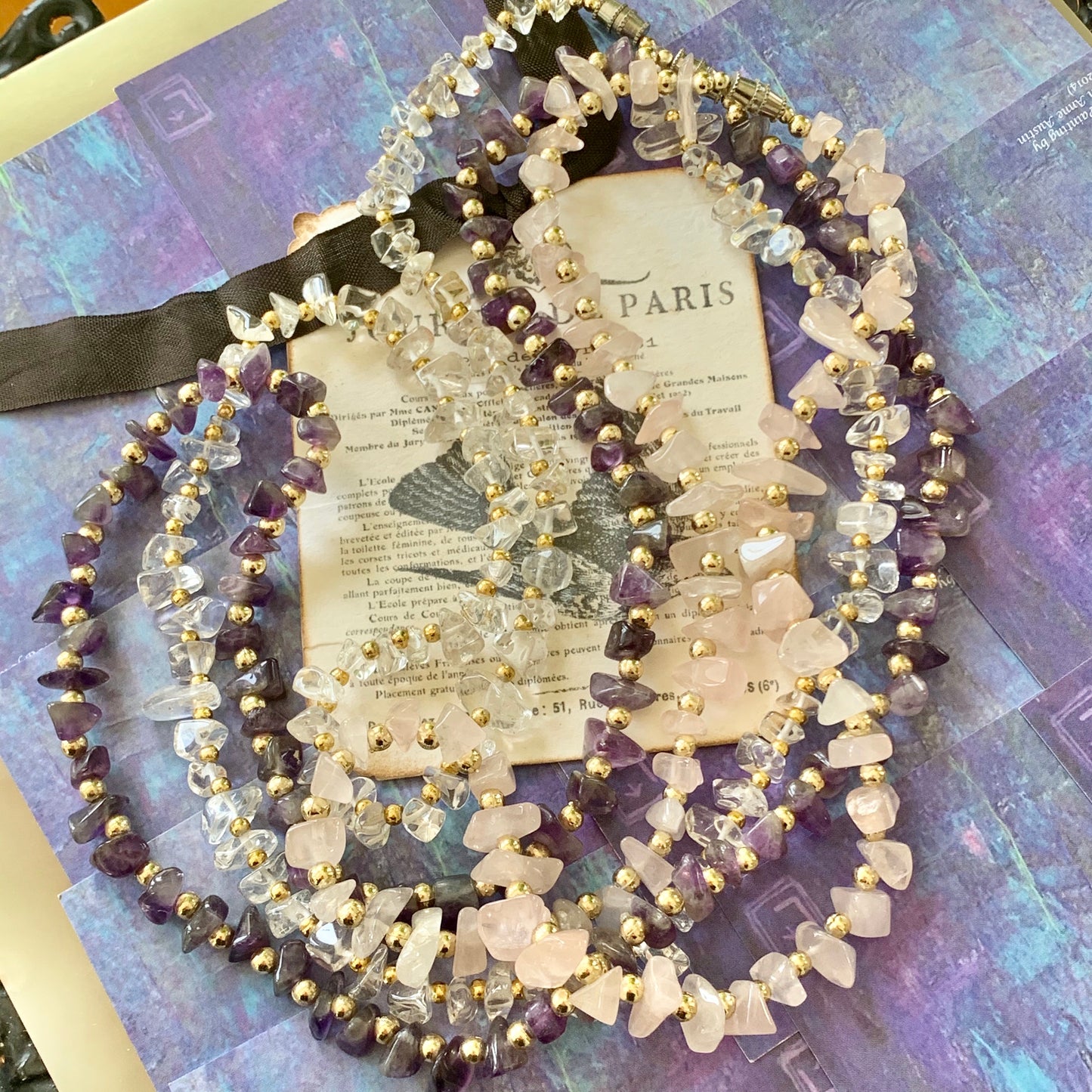 Amethyst, Quartz & Pink Quartz Semi-Precious Chip Necklaces - Lady Slippers