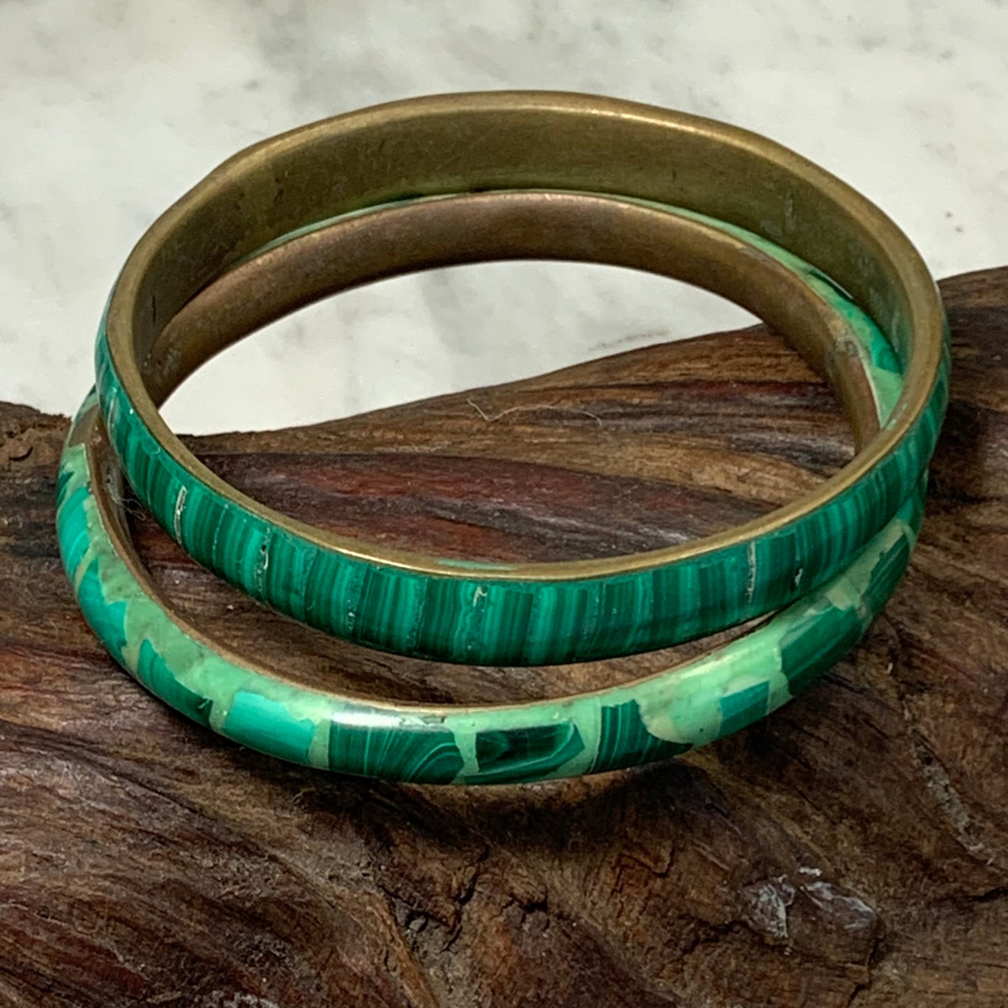 Two Vintage Malachite and Enamel Bangle Bracelets