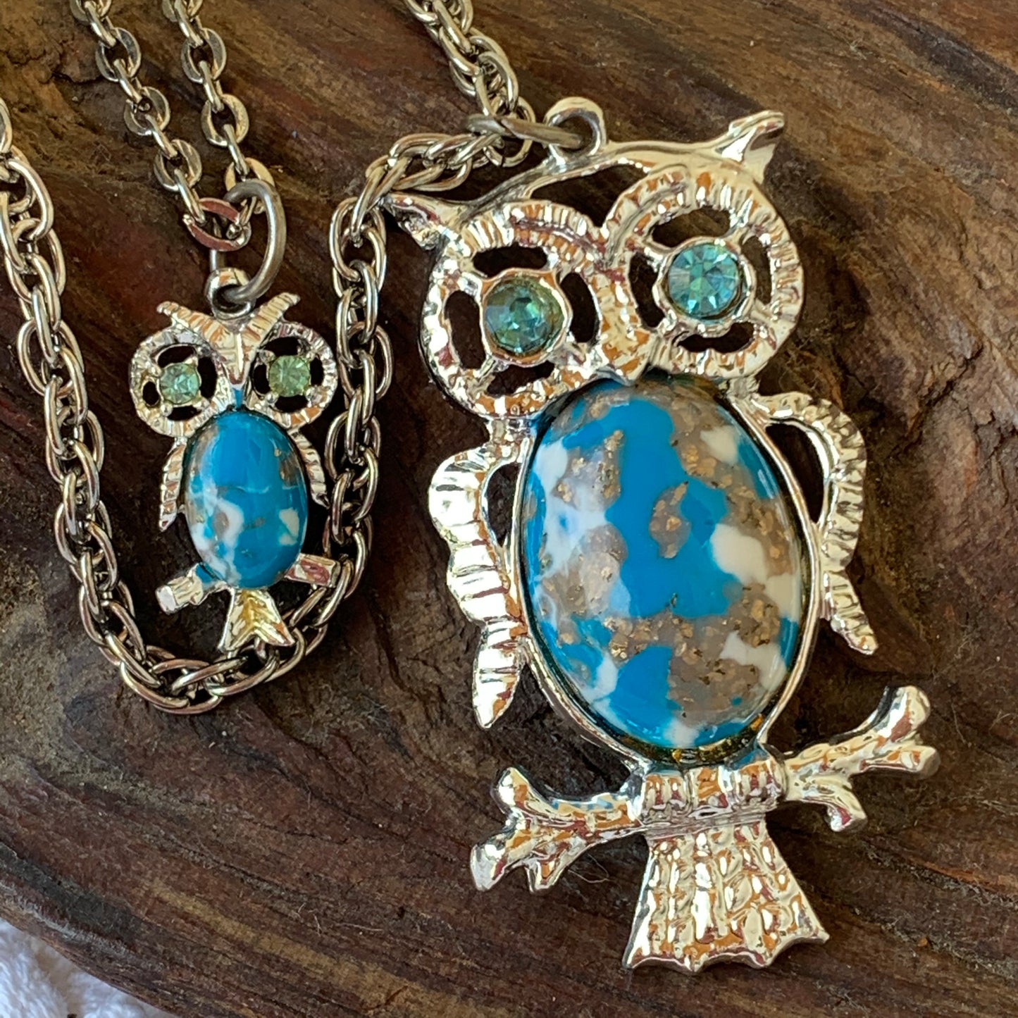 Vintage Faux Turquoise Mama & Baby Owl Double Strand Necklace