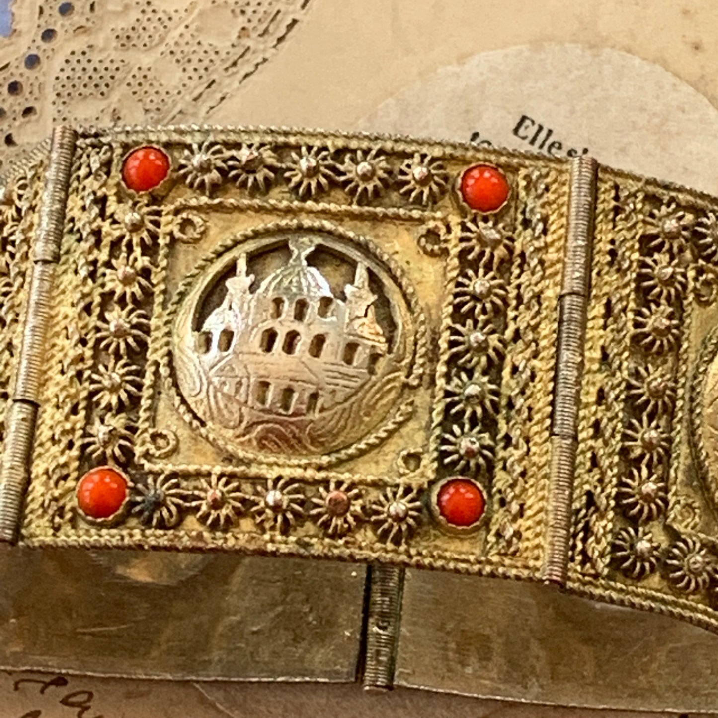 Vintage Middle Eastern 900 Silver over Gold Mashallah God's Will Mosque Panel Bracelet - Lady Slippers