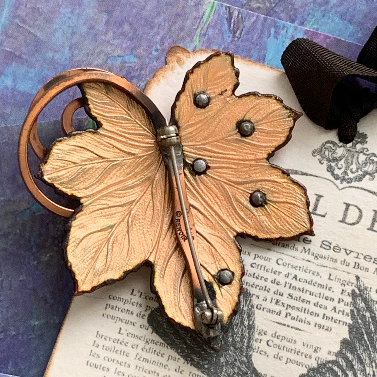 Mid Century Modern Matisse Renoir Enamel & Copper Leaf Pin - Lady Slippers