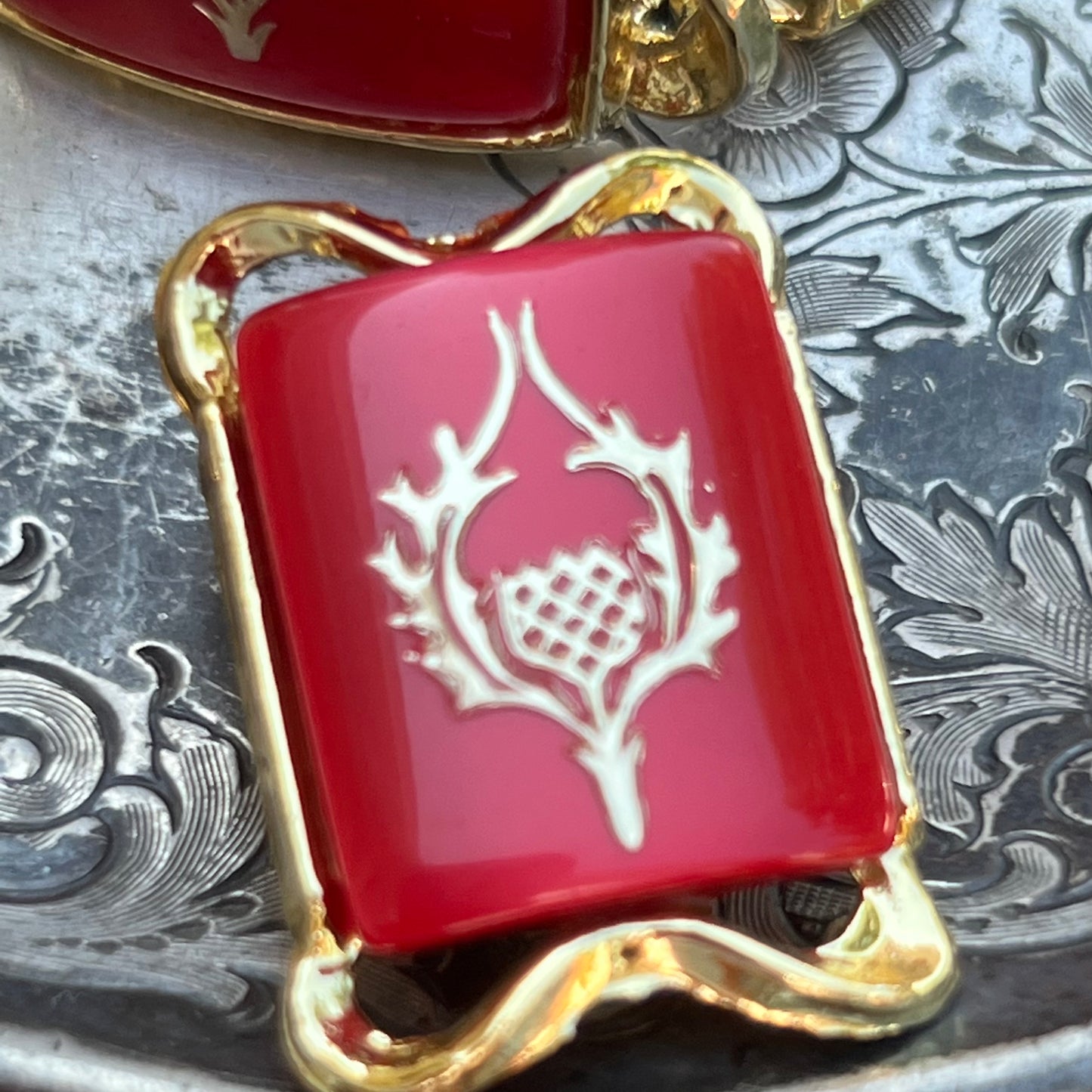 Vintage Signed Pam Red Heraldic Plastic Bracelet & Earring Set