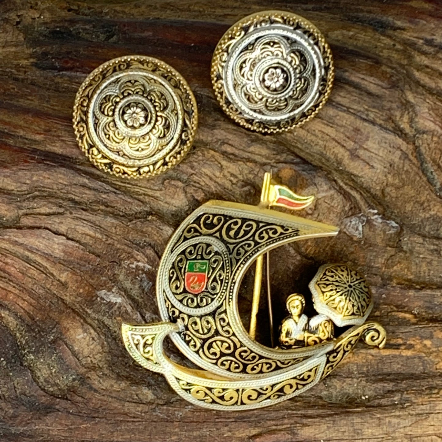 Vintage Spanish Damascene Tall Ship Pin & Damascene Earrings