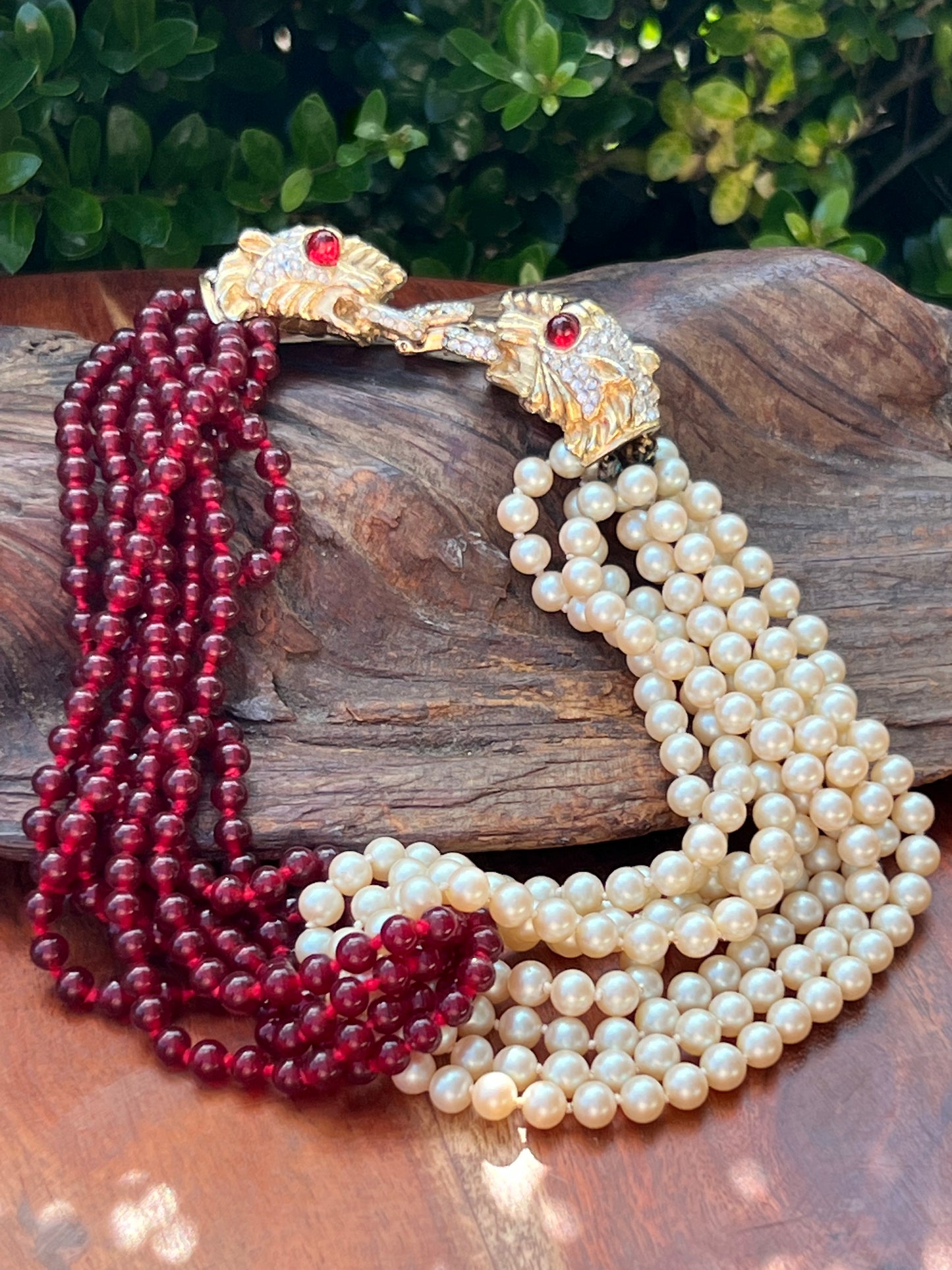 Vintage Donald Stannard Foo Dog Garnet & Faux Pearl Necklace