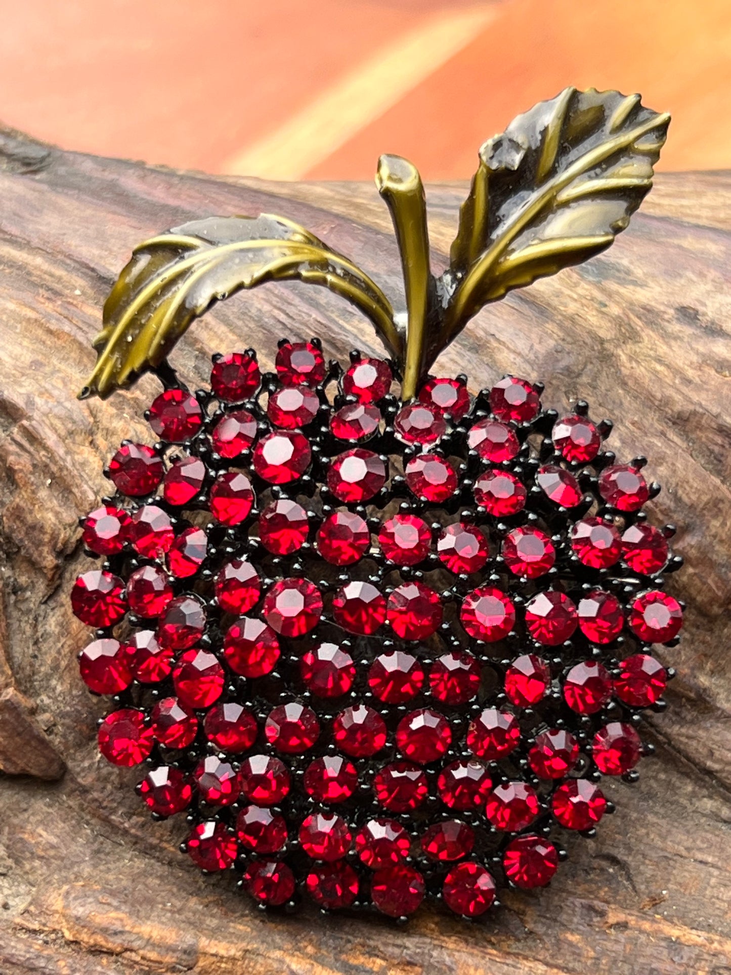 Vintage Red Rhinestone Apple Pin