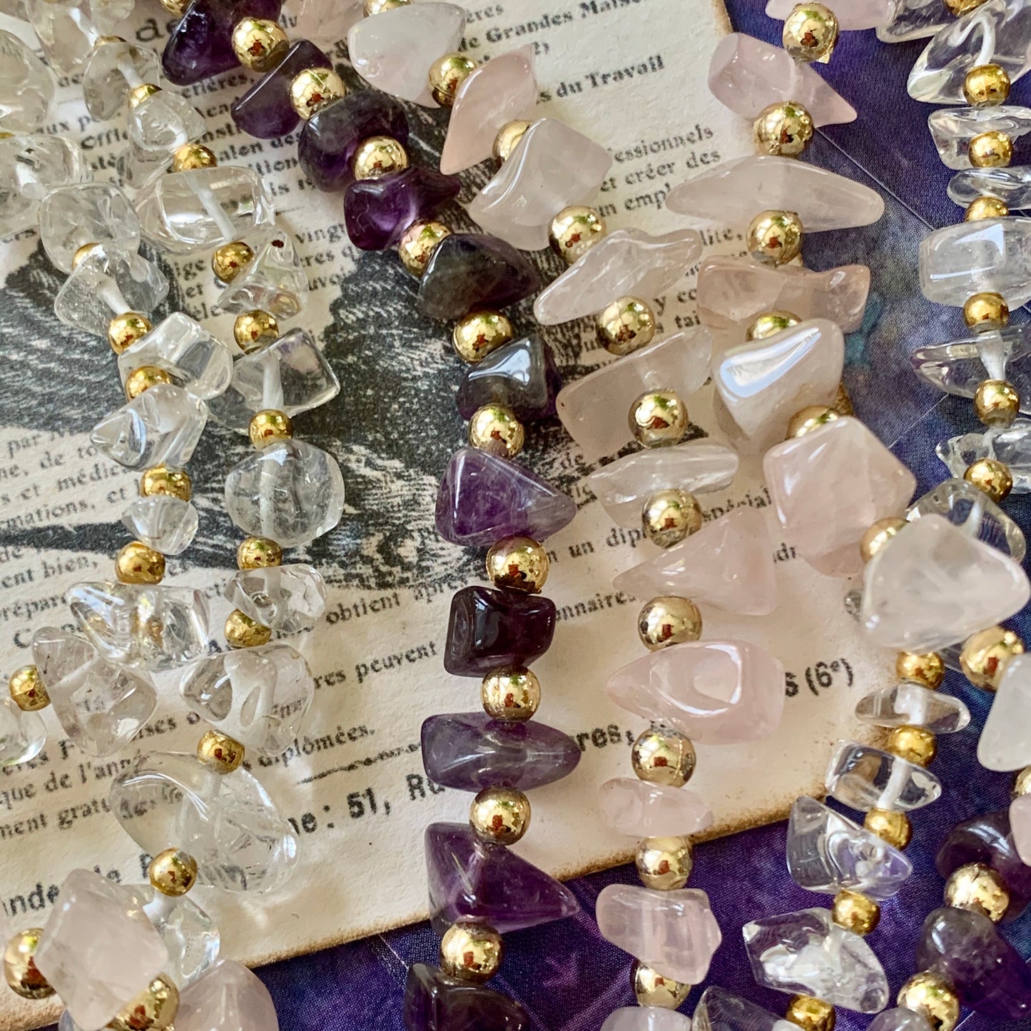 Amethyst, Quartz & Pink Quartz Semi-Precious Chip Necklaces - Lady Slippers