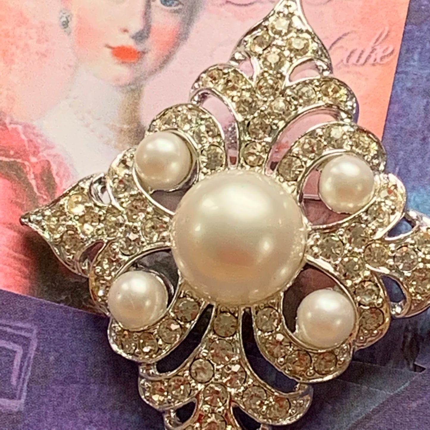 Vintage Sarah Coventry Faux Pearl Encrusted Rhinestone Pin - Lady Slippers