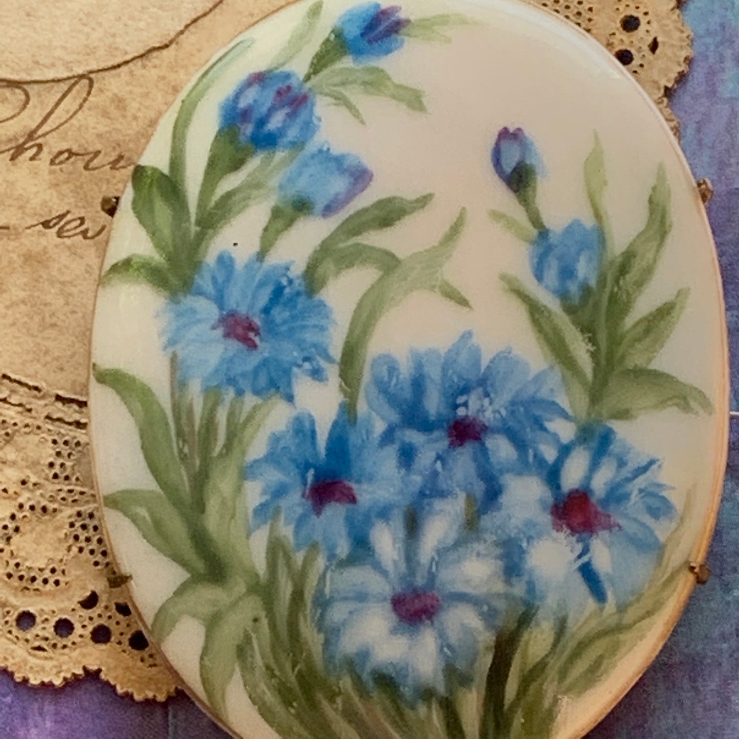 Victorian Bachelor Button Handpainted Porcelain Pin - Lady Slippers