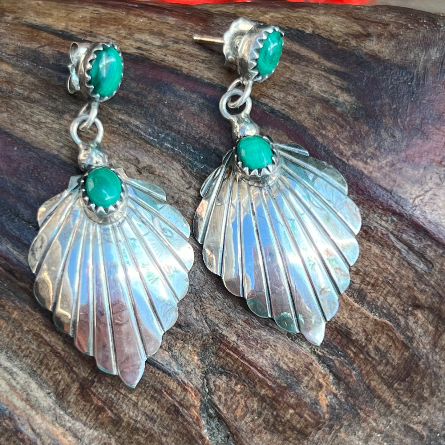 Vintage Sterling Silver & Malachite Semi Precious Gemstone Earrings