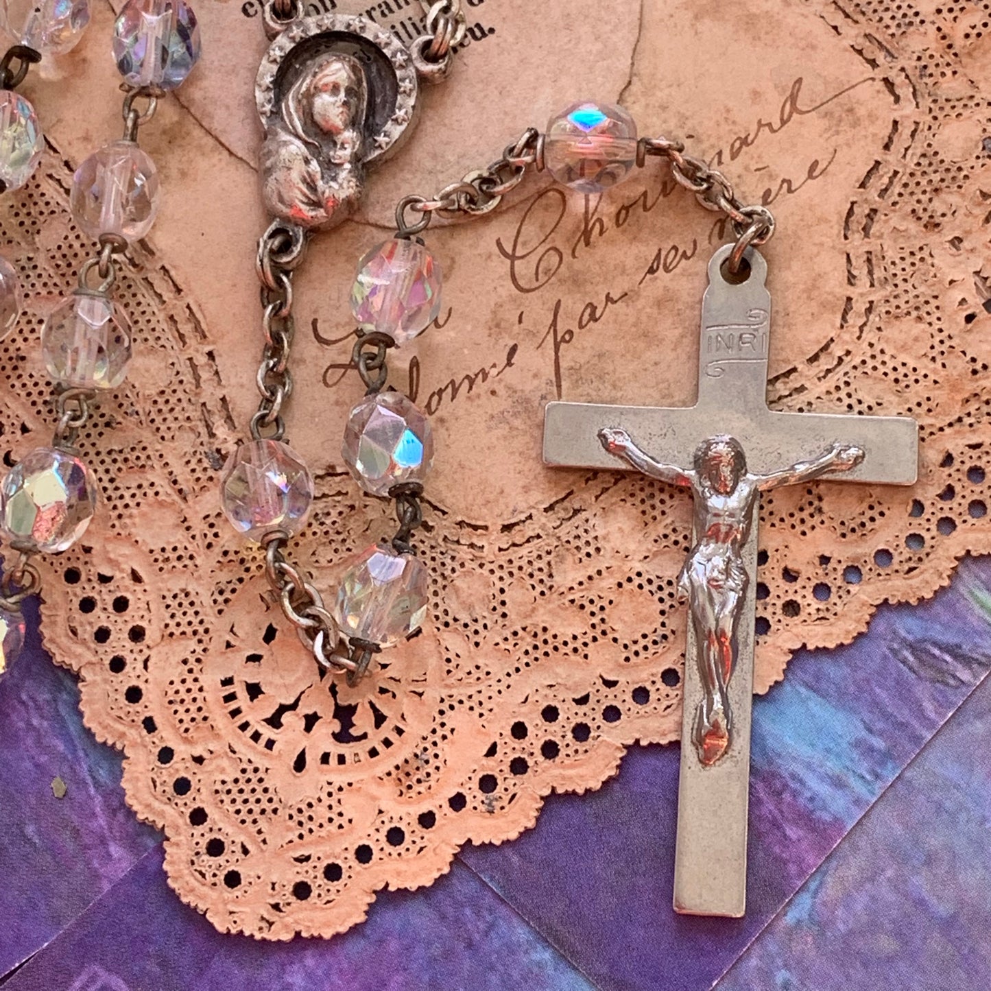 Vintage Italian Multi Faceted Glass Bead Rosary - Lady Slippers