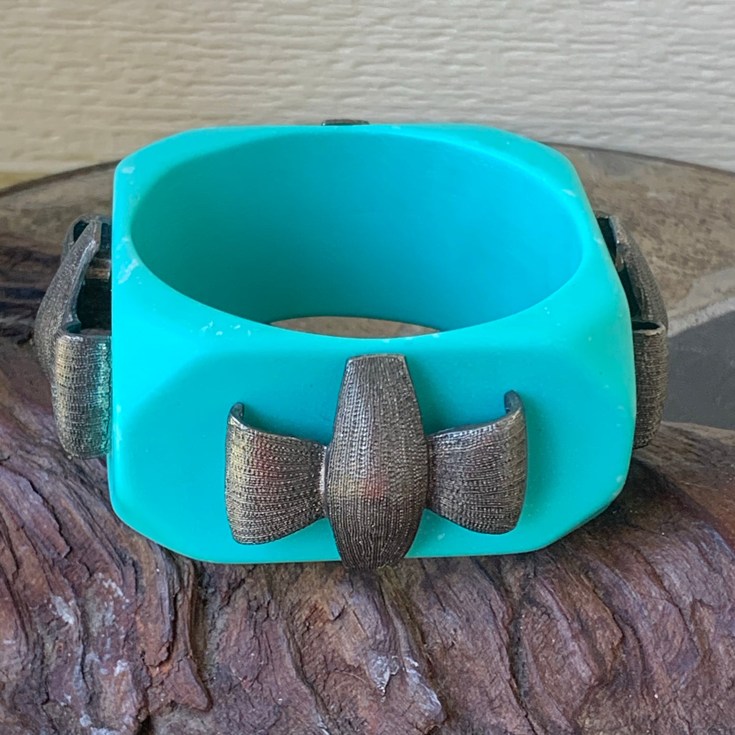Vintage Chunky Turquoise Plastic & Metallic Bangle Bracelet