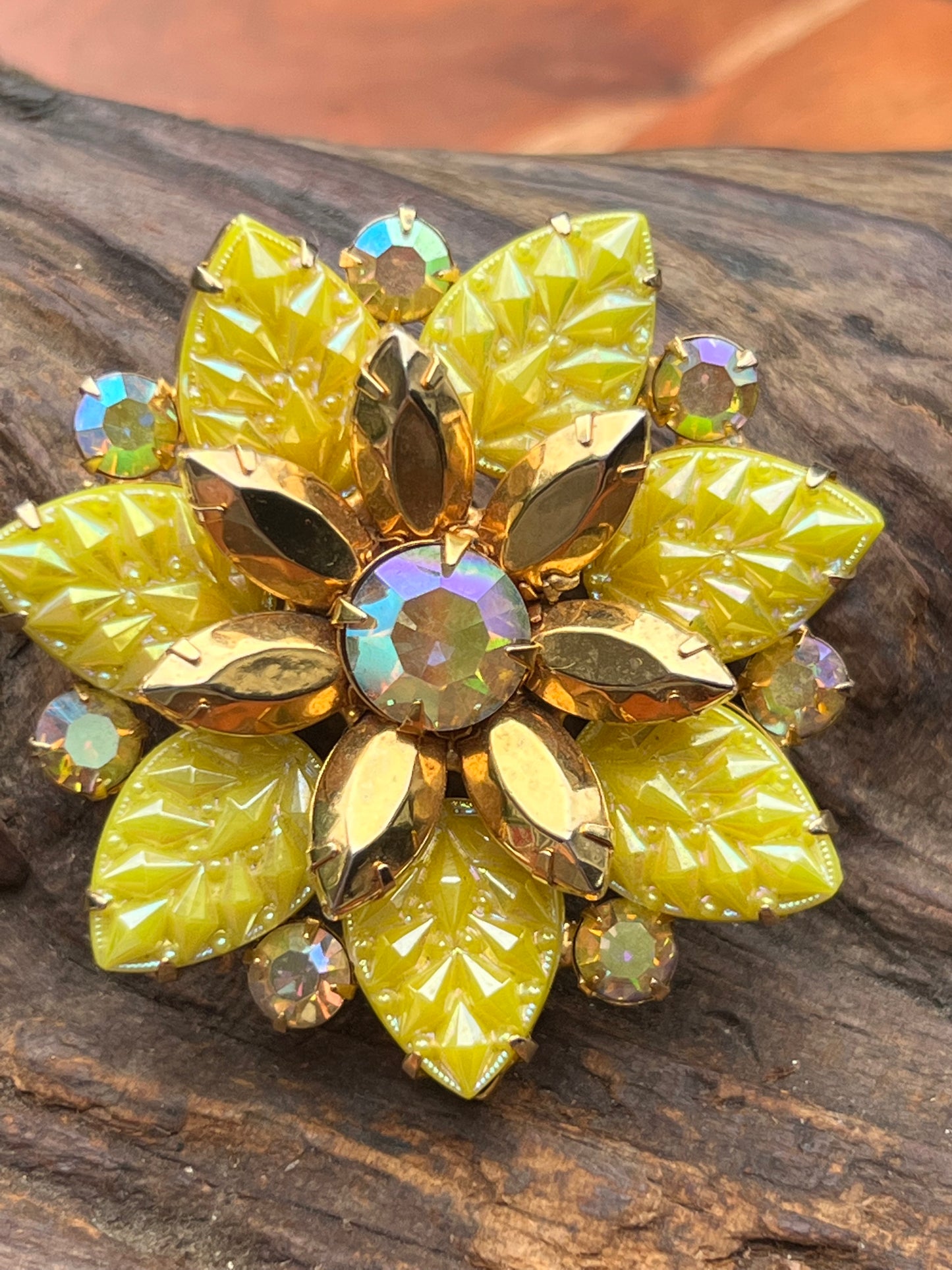 Vintage Yellow Floral Layered Rhinestone Carved Glass Leaf Pin