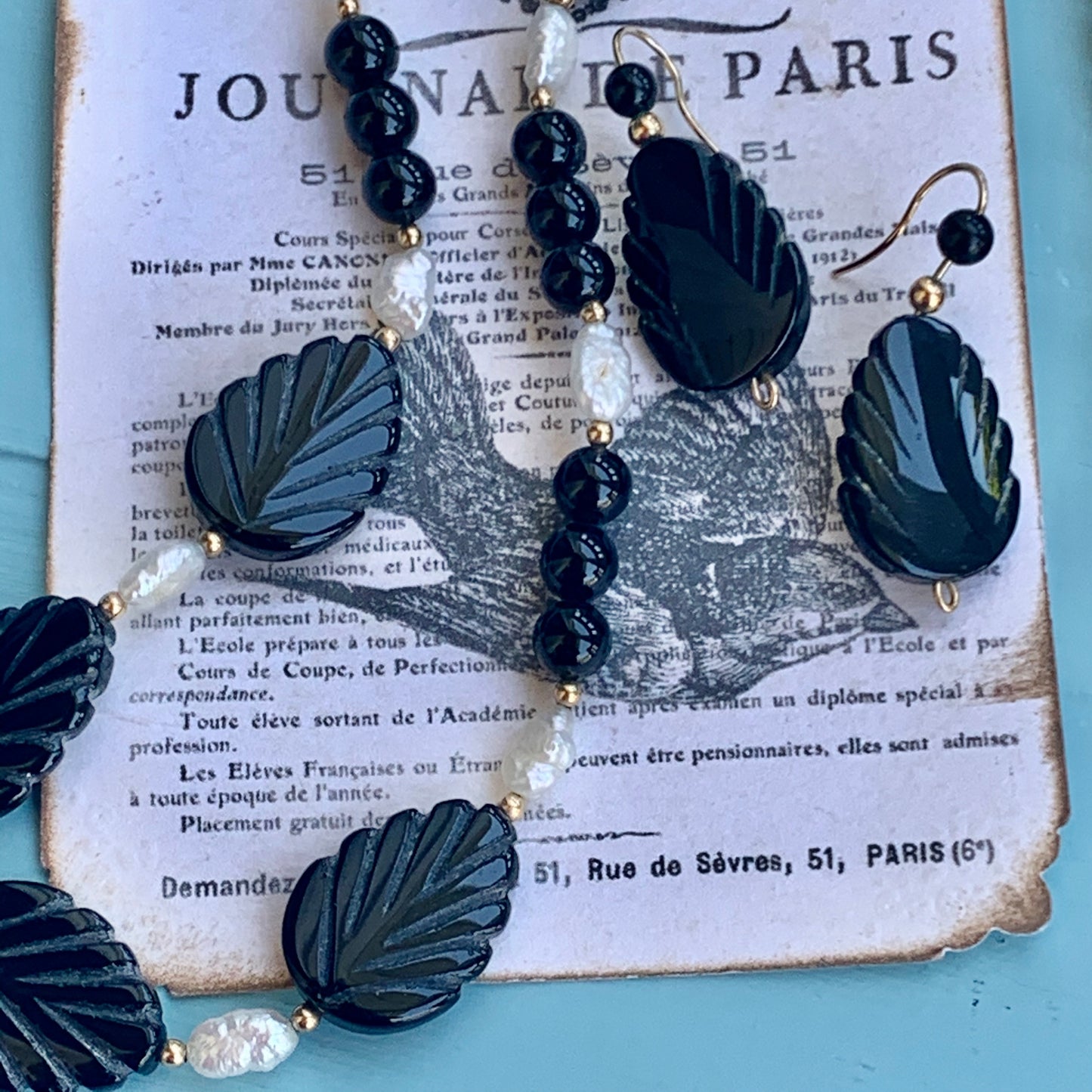 Vintage 14K Gold Filled Carved Onyx & Freshwater Pearl Necklace & Earring Set