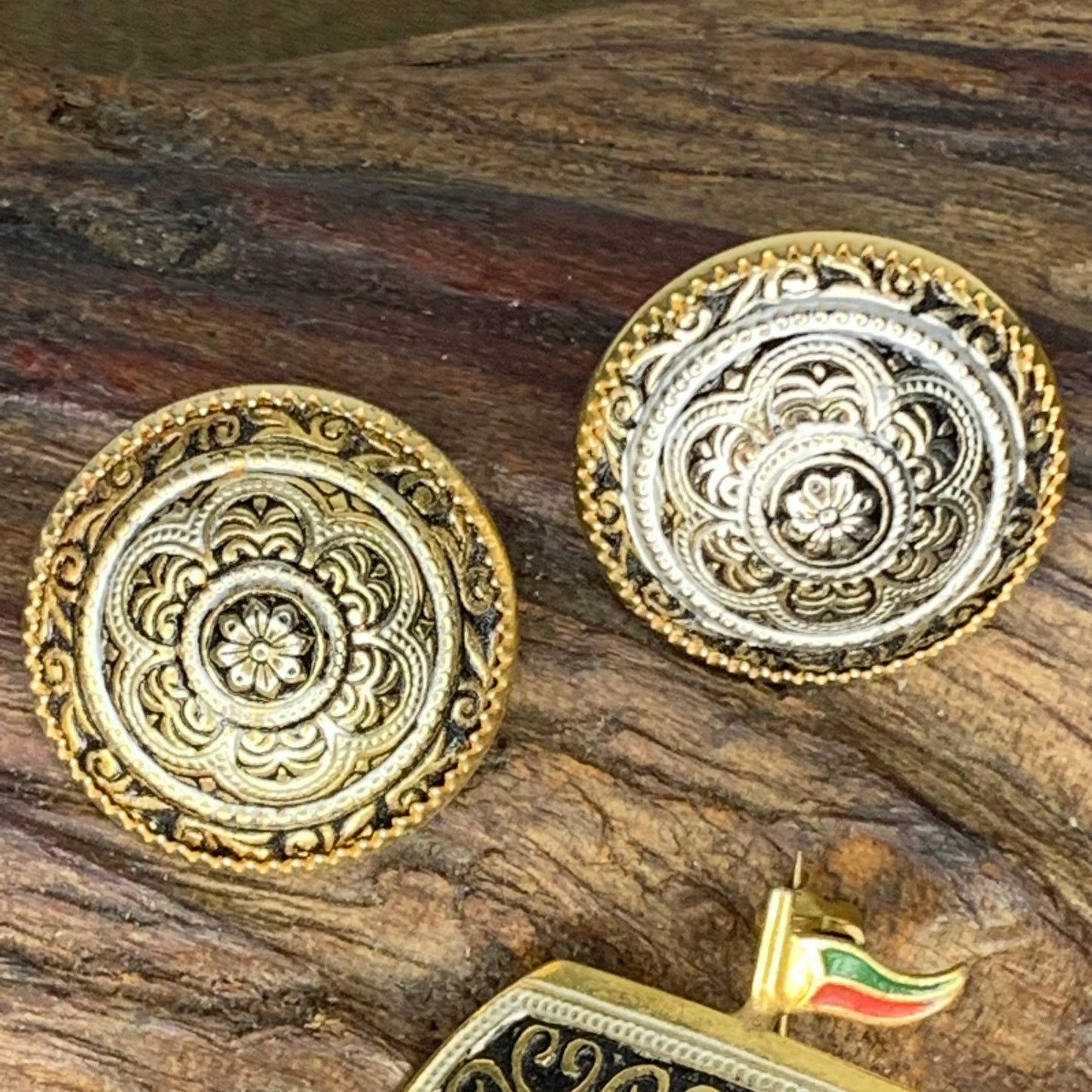 Vintage Spanish Damascene Tall Ship Pin & Damascene Earrings