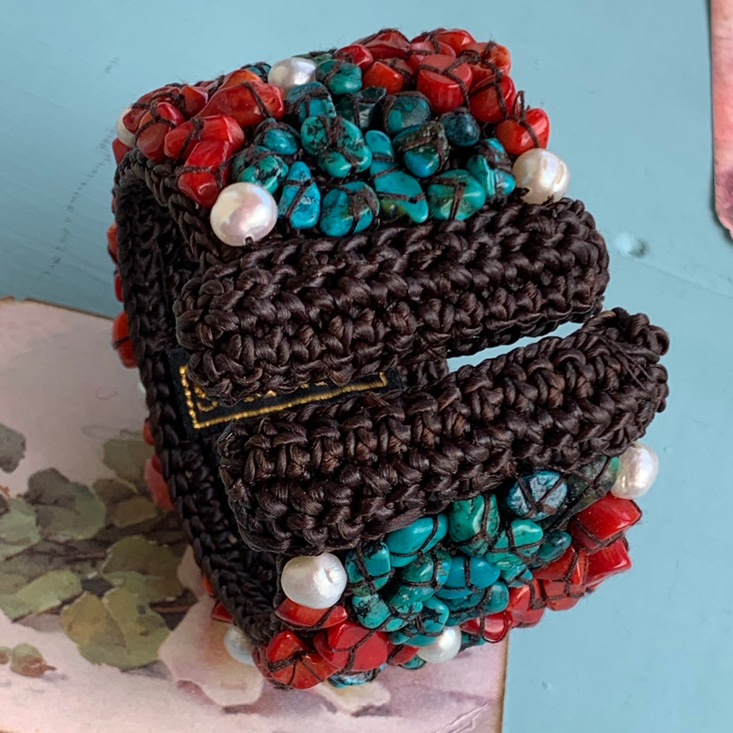 Red Coral, Freshwater Pearl, & Turquoise Chip Bracelet