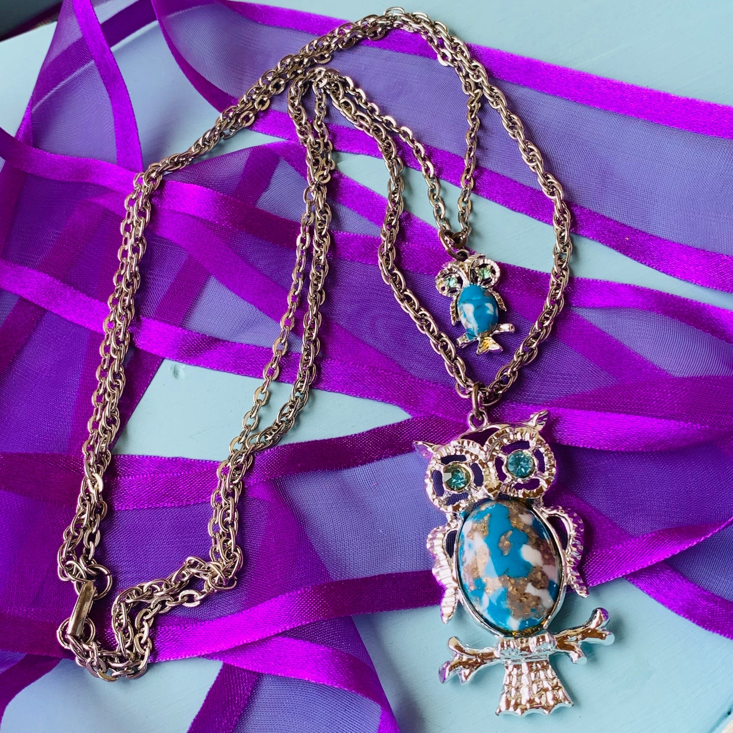 Vintage Faux Turquoise Mama & Baby Owl Double Strand Necklace
