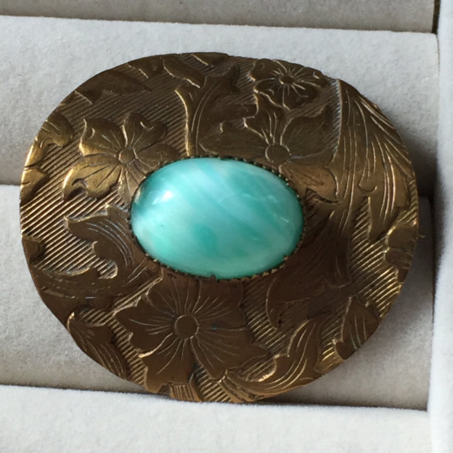 Victorian Green and White Art Glass Pin - Lady Slippers