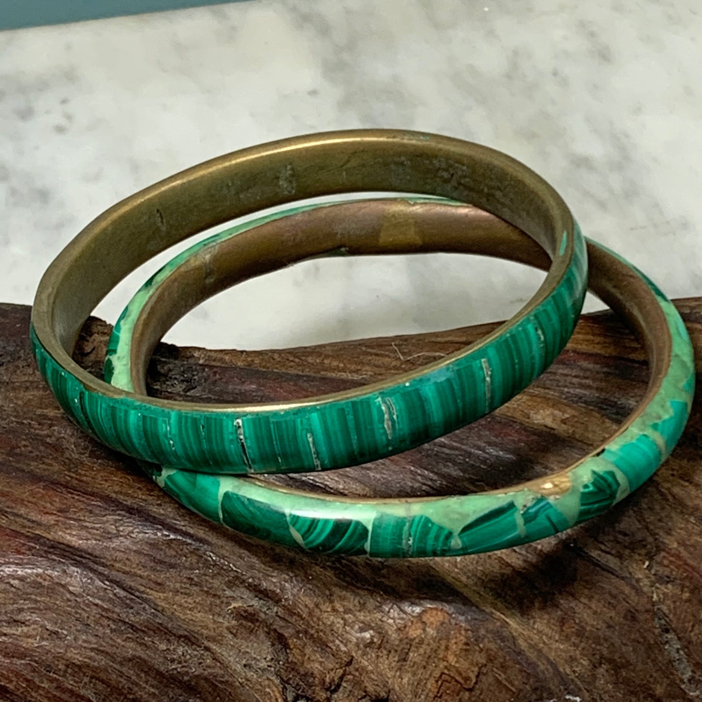 Two Vintage Malachite and Enamel Bangle Bracelets