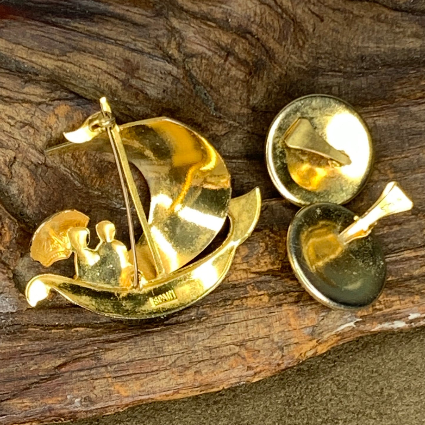 Vintage Spanish Damascene Tall Ship Pin & Damascene Earrings