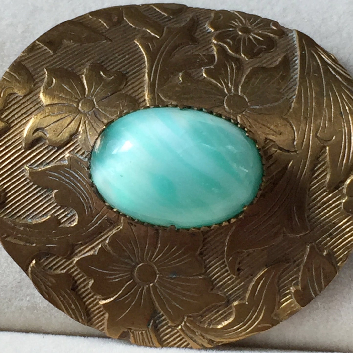 Victorian Green and White Art Glass Pin - Lady Slippers