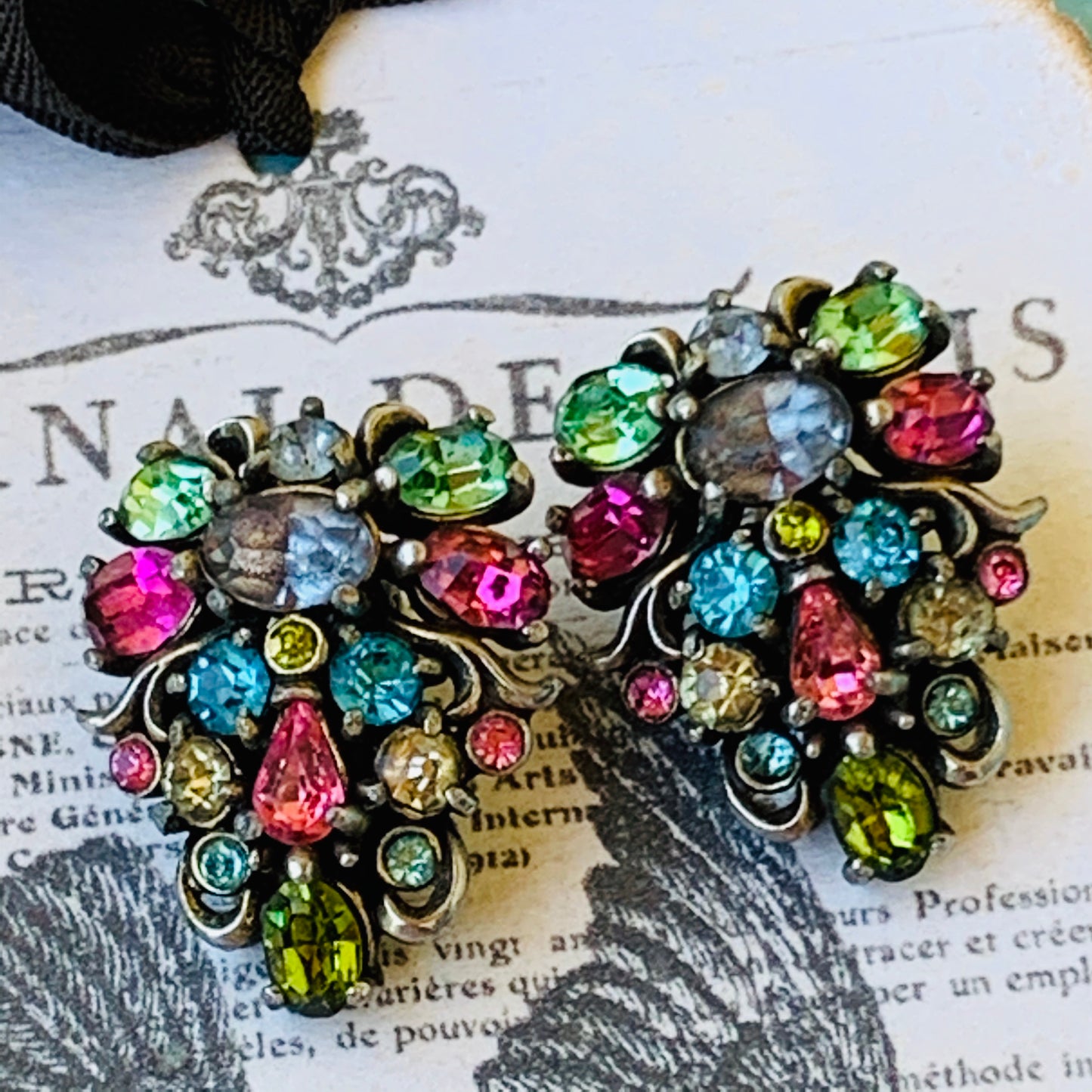 Hollycraft 1950 Pastel Rhinestone Earrings