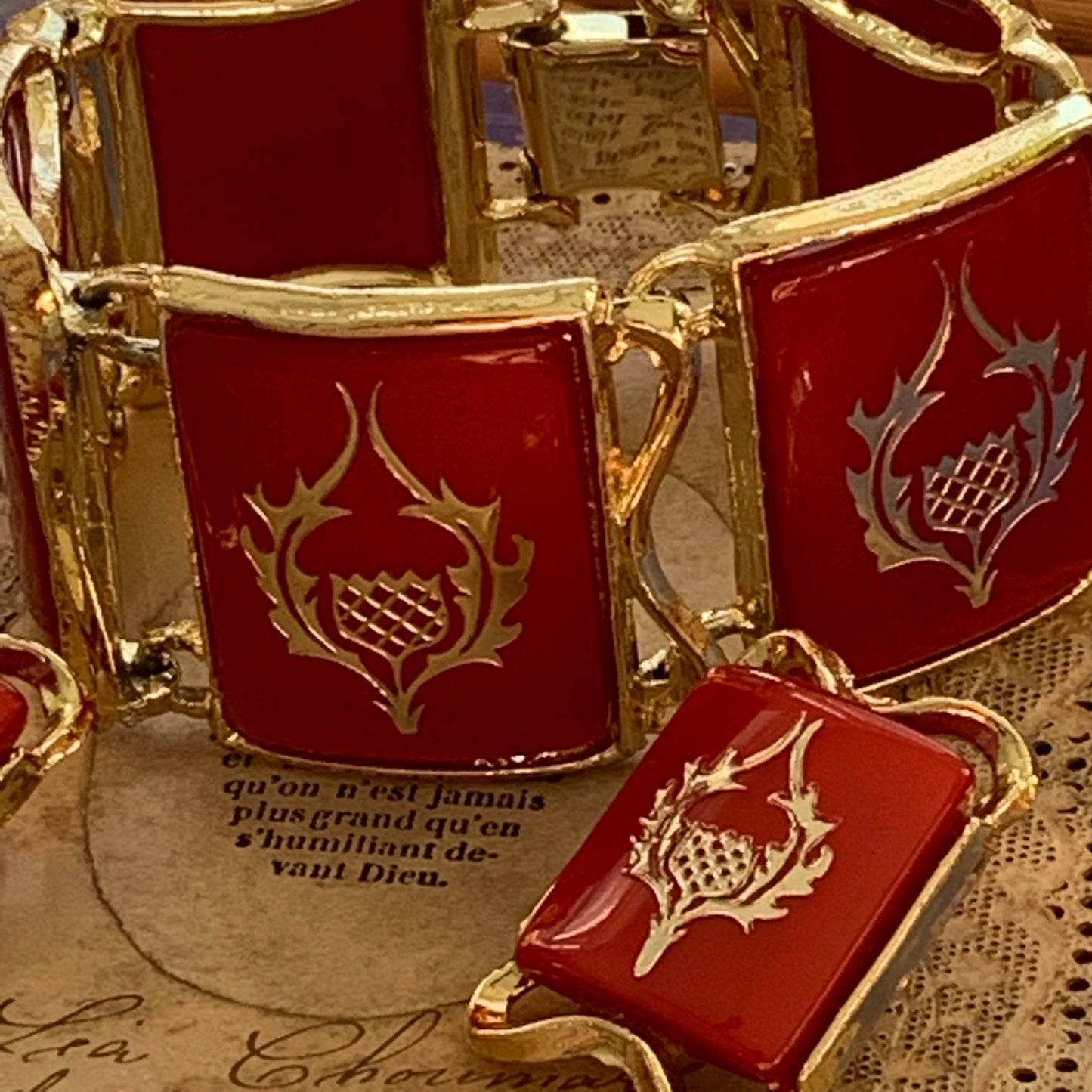 Vintage Signed Pam Red Heraldic Plastic Bracelet & Earring Set - Lady Slippers