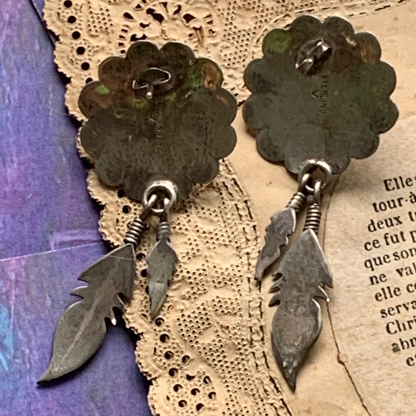Vintage Southwestern Style Sterling Silver & Turquoise Earrings - Lady Slippers