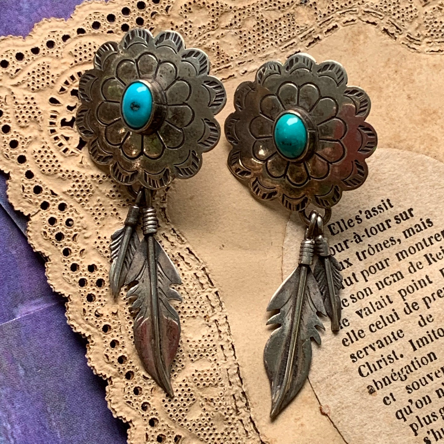 Vintage Southwestern Style Sterling Silver & Turquoise Earrings - Lady Slippers