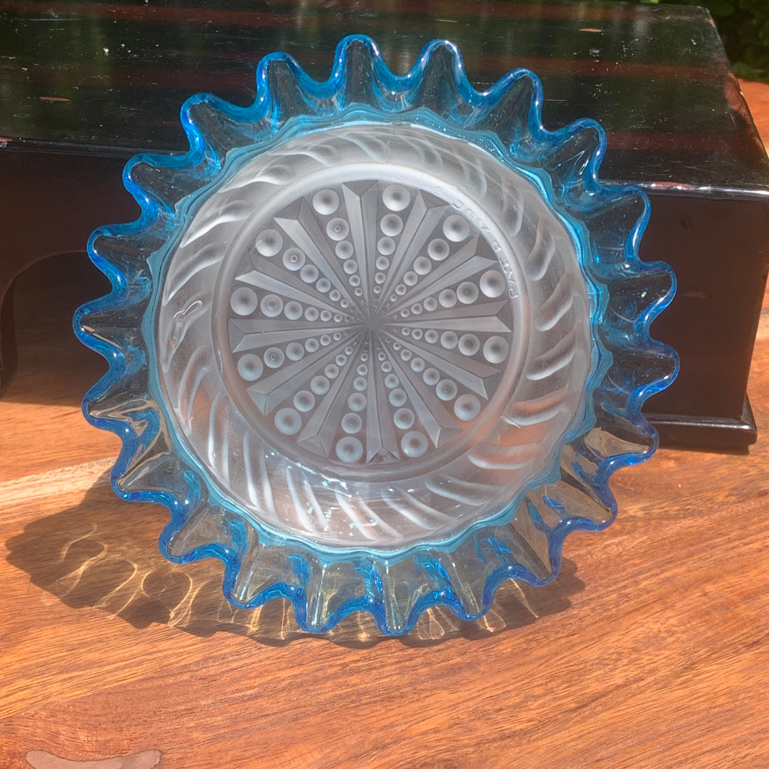 Antique Hobs Glass Co Blue & Frosted Glass Ruffled Edge Dish 1875