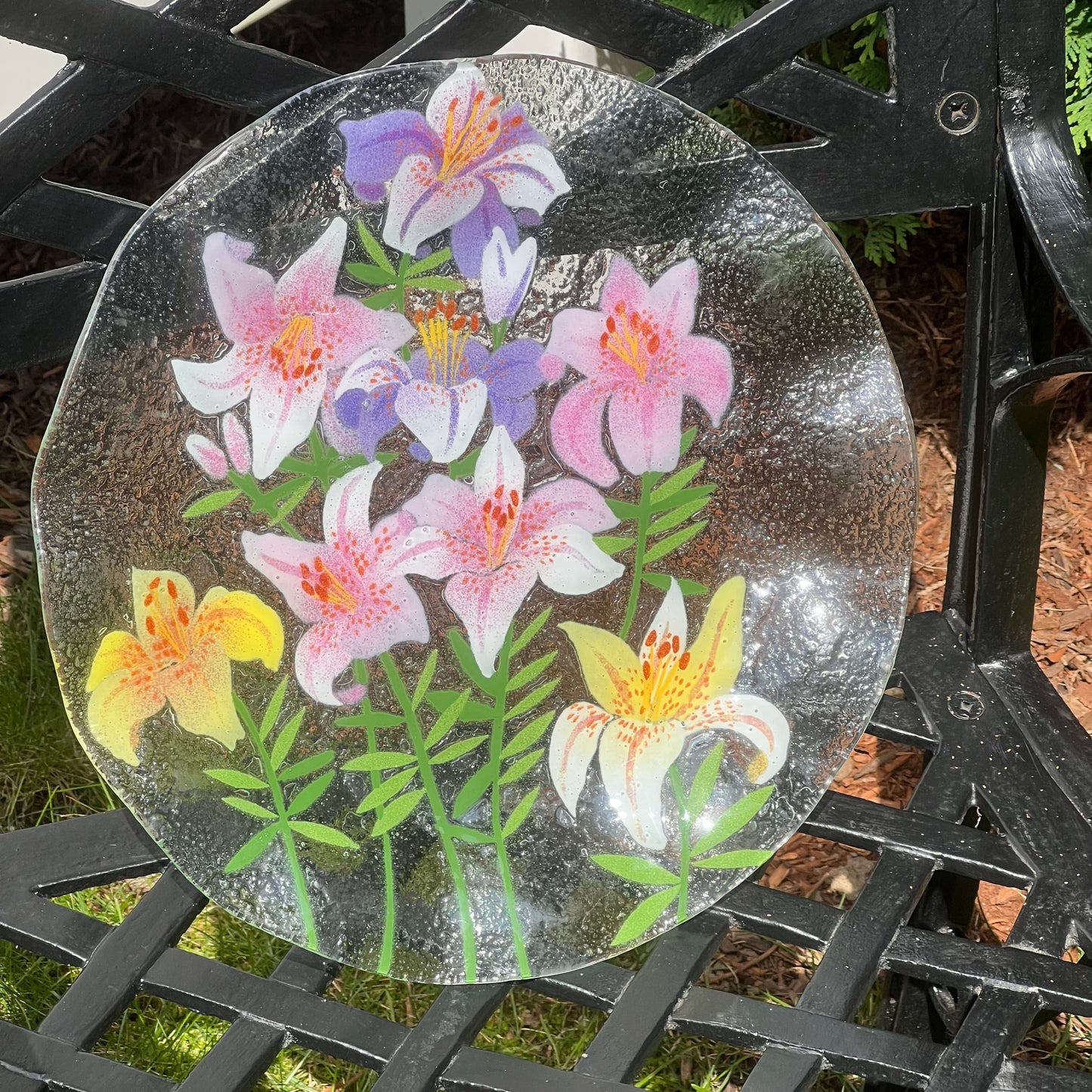 Fused Art Glass Lillies Ruffled Edge Round Serving Plate