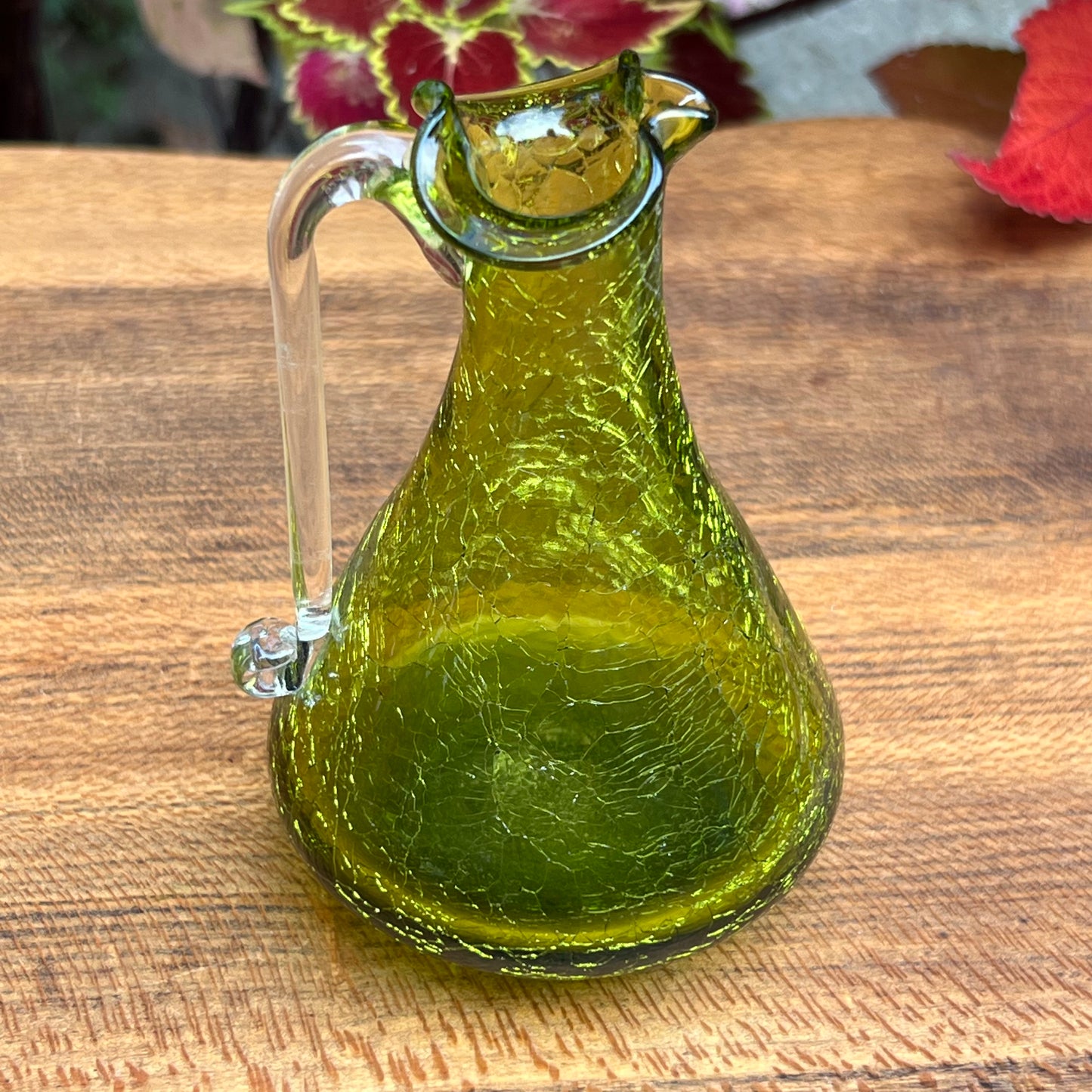 Vintage Blenko Olive Green Crackle Glass Pitcher Vase