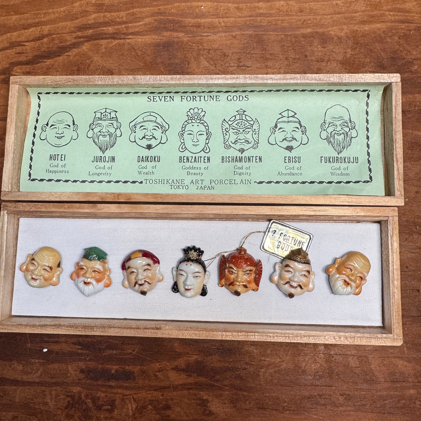 Vintage Toshikane Japan Seven Gods of Fortune Art Porcelain Buttons Original Box