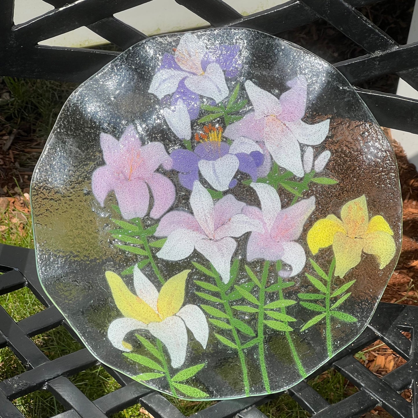 Fused Art Glass Lillies Ruffled Edge Round Serving Plate
