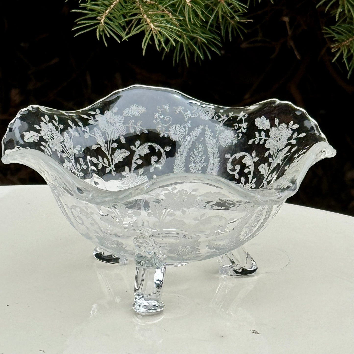 Vintage Floral Etched Clear Glass Footed Mayonnaise Bowl