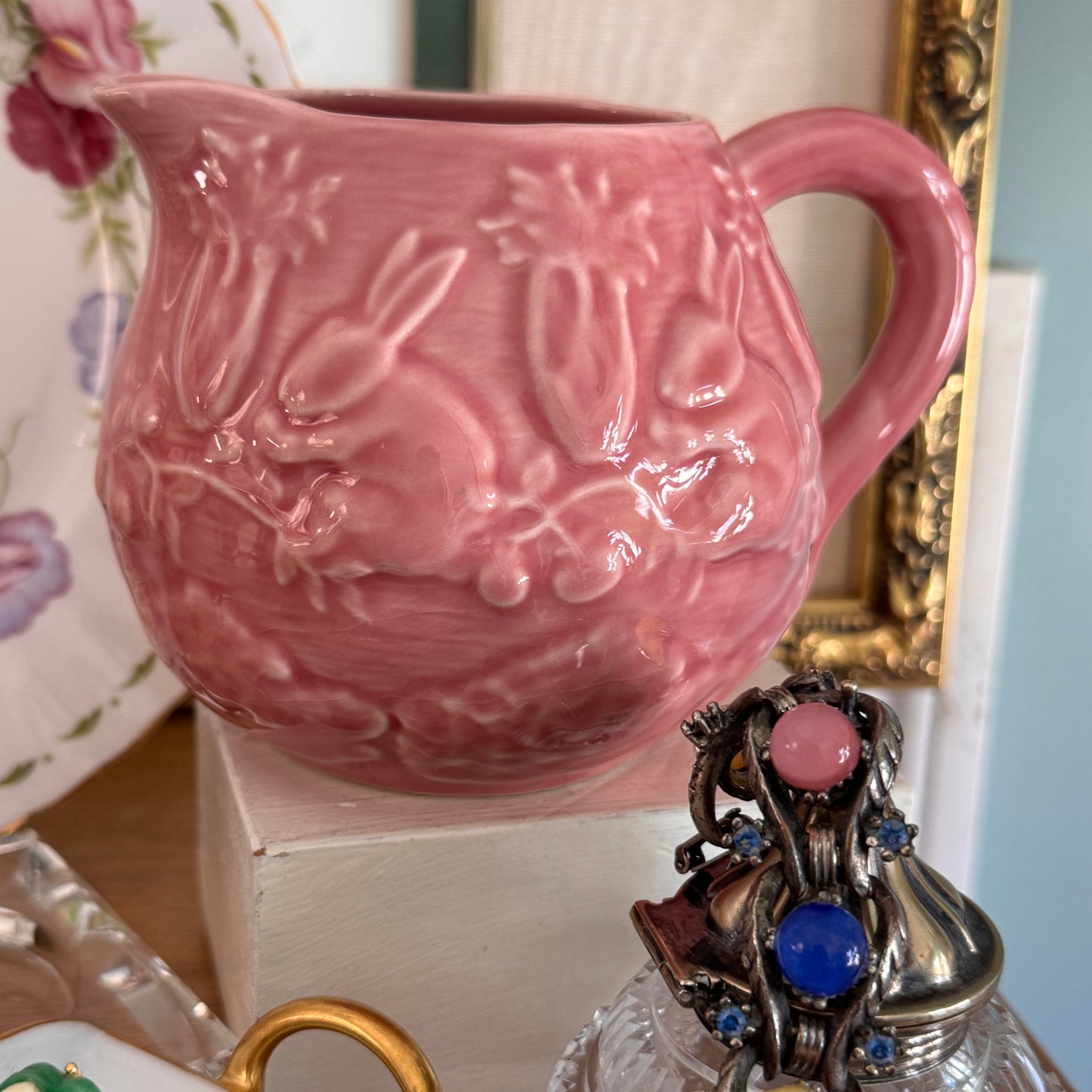 Vintage Pink Portuguese Bordallo Pinheiro Bunny Creamer