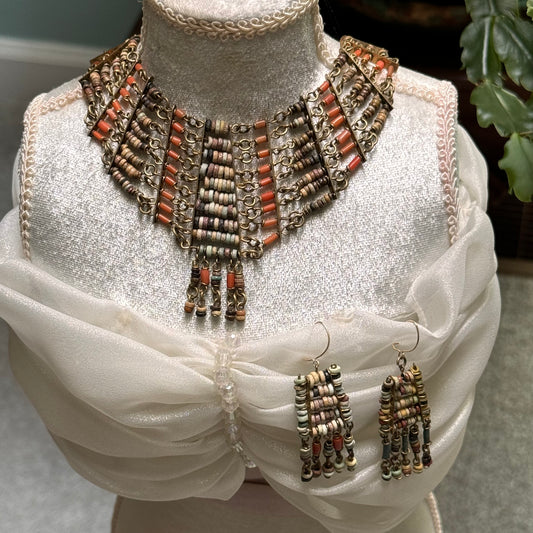 Vintage Egyptian Faience Red Coral and Beaded Bib Necklace & Earrings Set