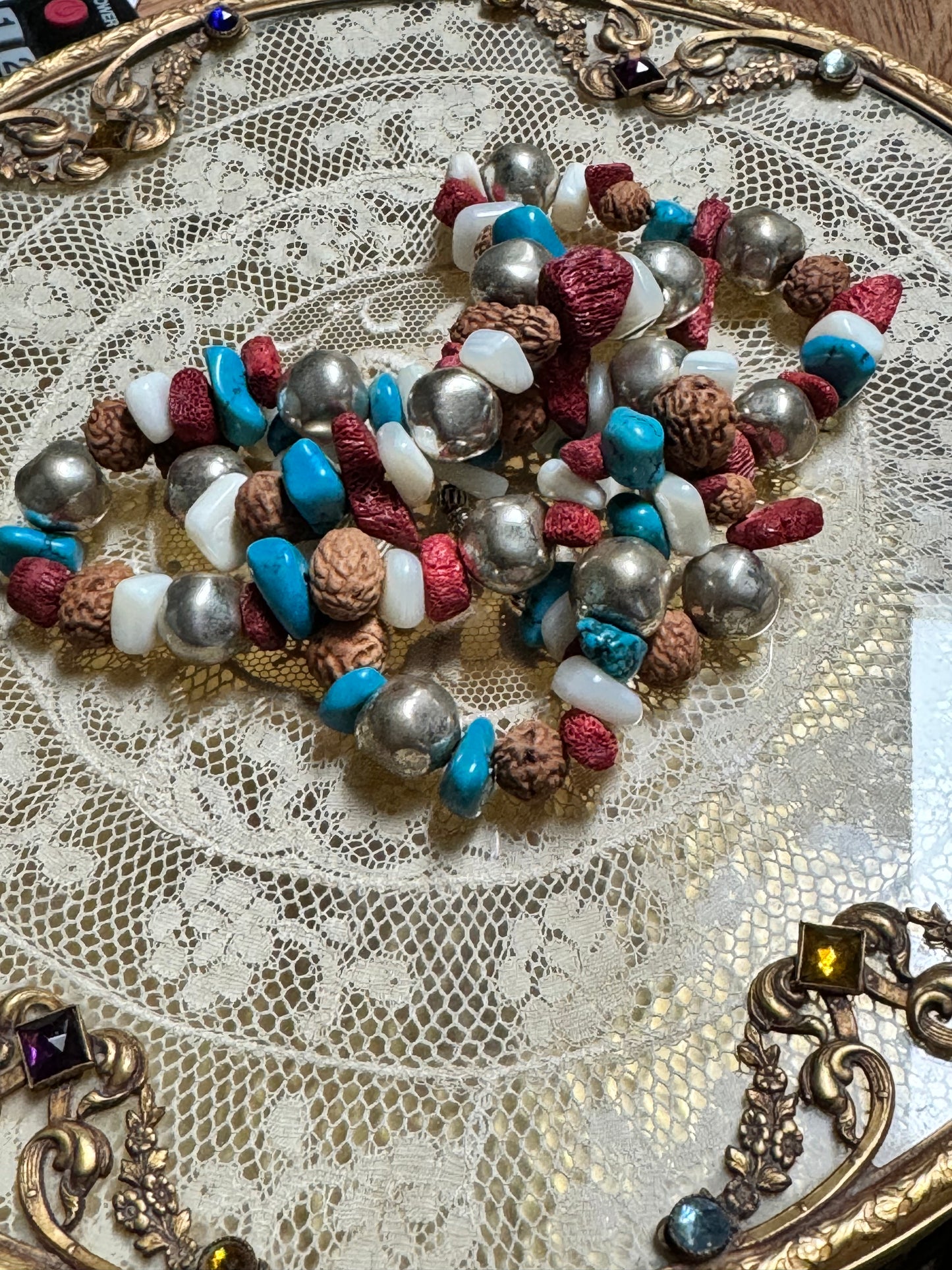 Vintage Turquoise, Red Branch Coral, Mother of Pearl, Silver & Nut Bead  Necklace