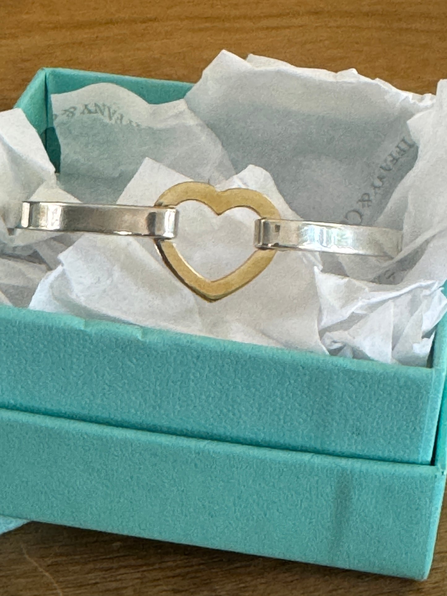 Vintage 2003 Tiffany & Co. 925 and 18K (759) yellow gold Heart Bangle Bracelet