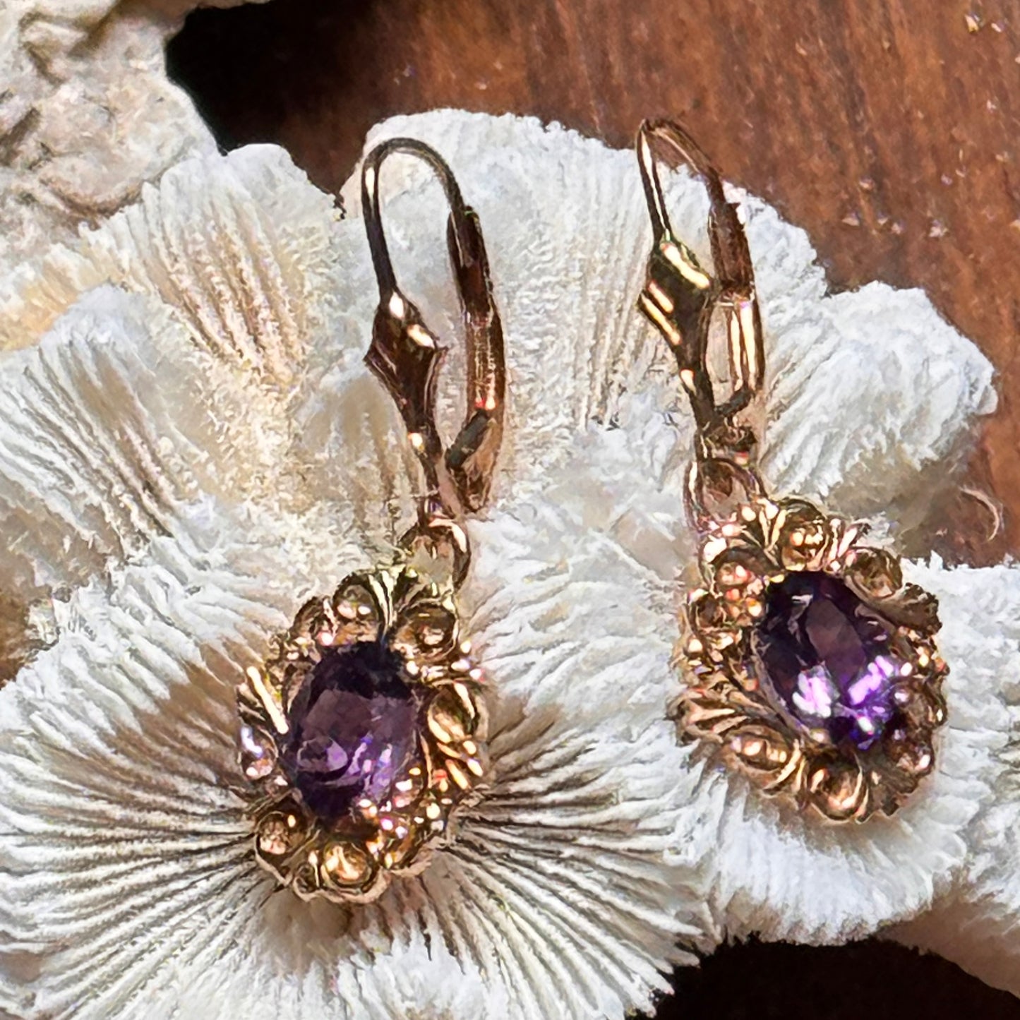 14K Yellow Gold Amethyst Semi Precious Gemstone Earrings