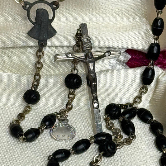 Vintage Italian Unbreakable Black Bead Rosary