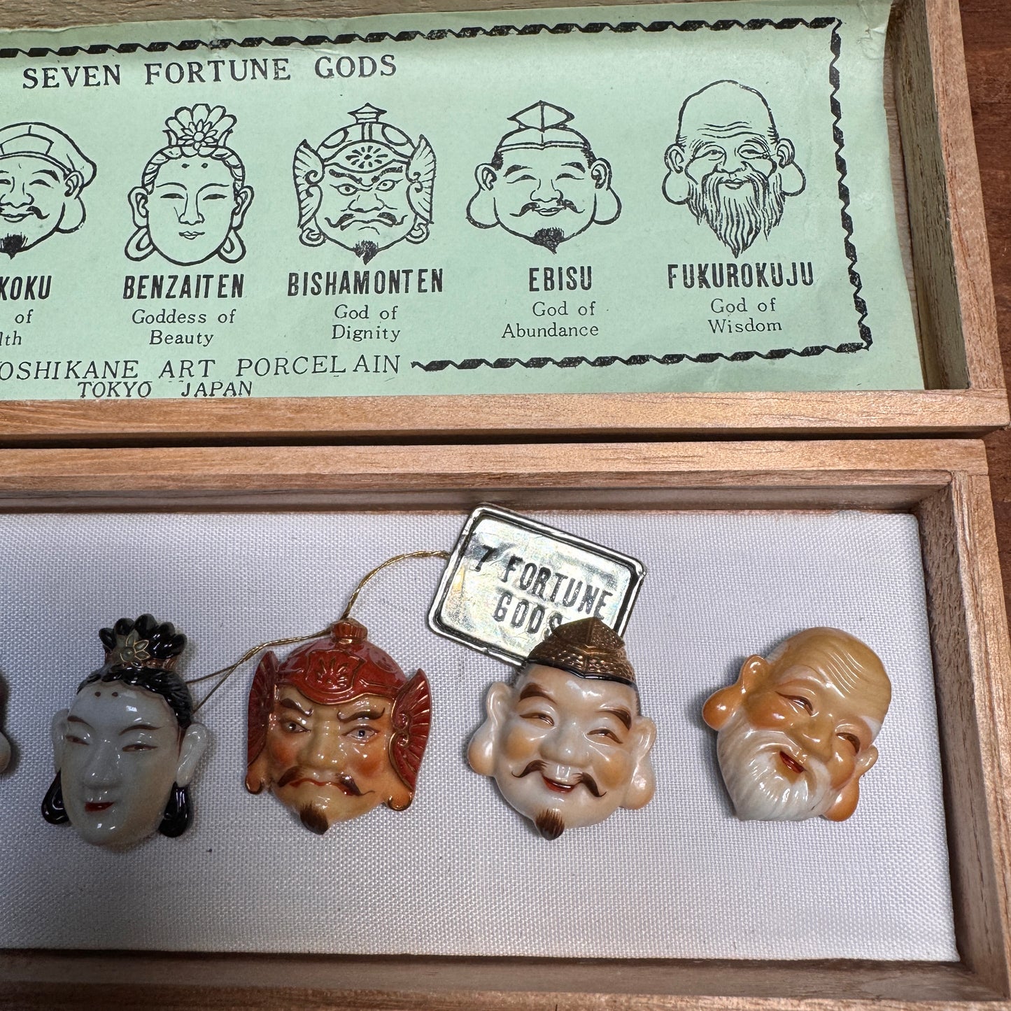 Vintage Toshikane Japan Seven Gods of Fortune Art Porcelain Buttons Original Box