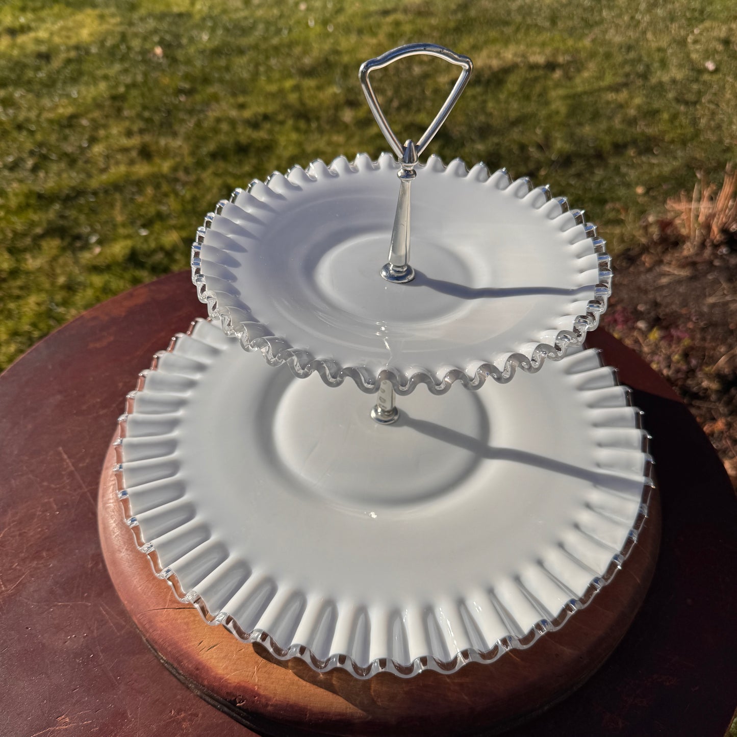 Vintage Fenton White Ruffled Silver Crest Glass Two Tier cookie Tidbit Tray